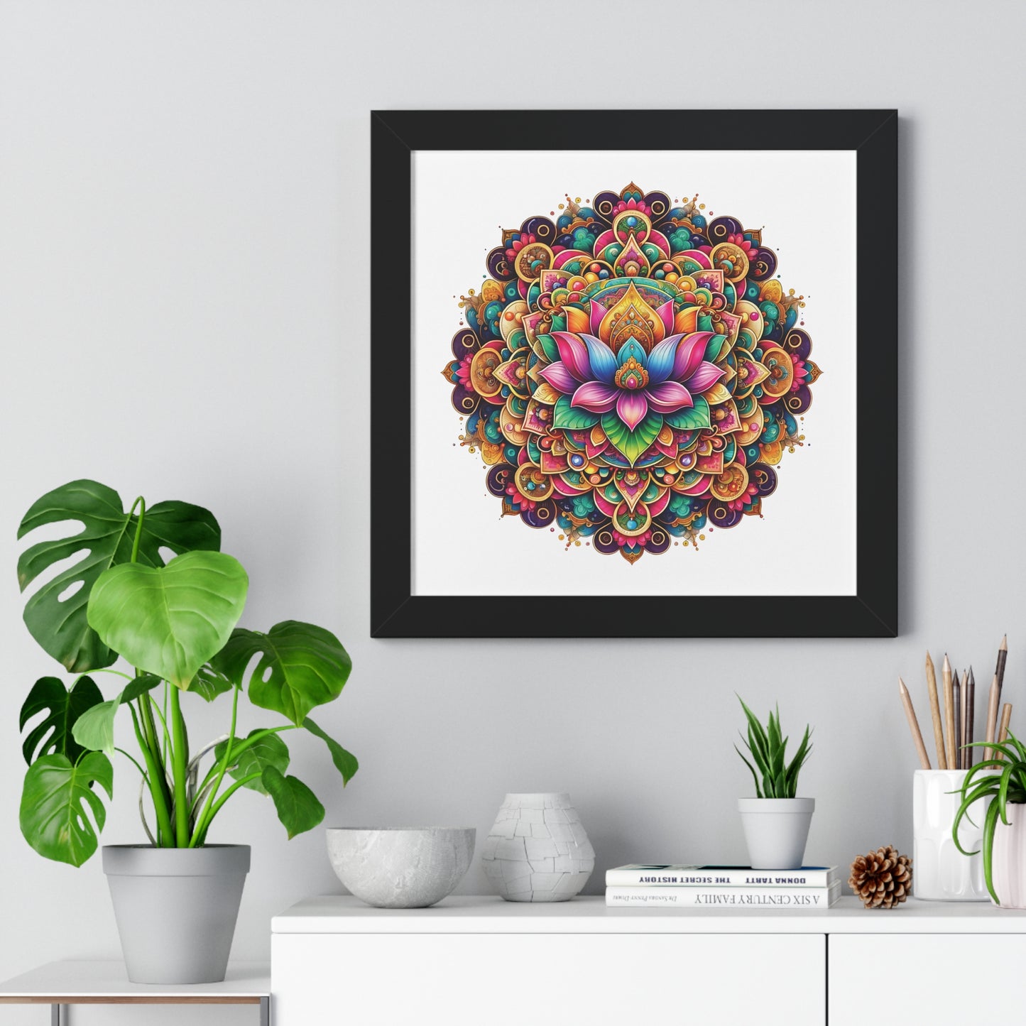 Framed Vertical Poster Lotus Mandala on white bg