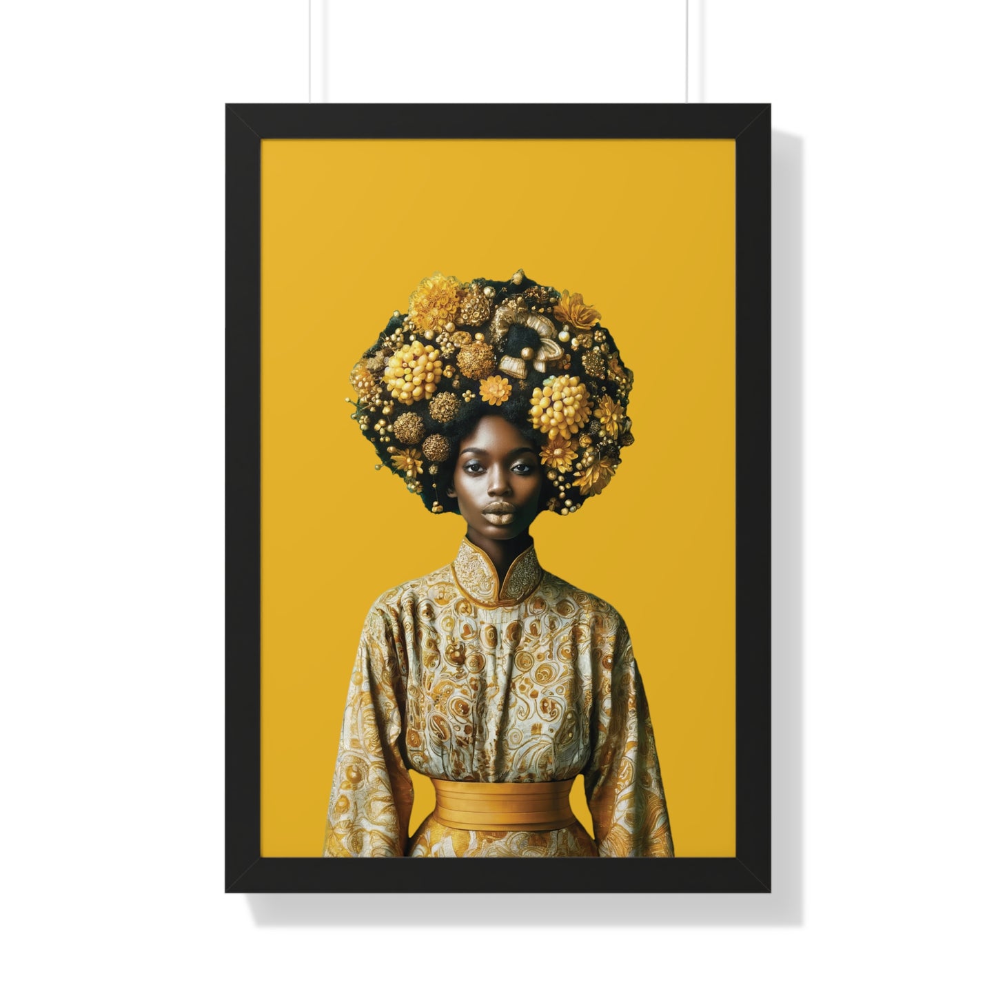 Framed Vertical Poster Peaceful African Woman with Yellow Flowers no bg