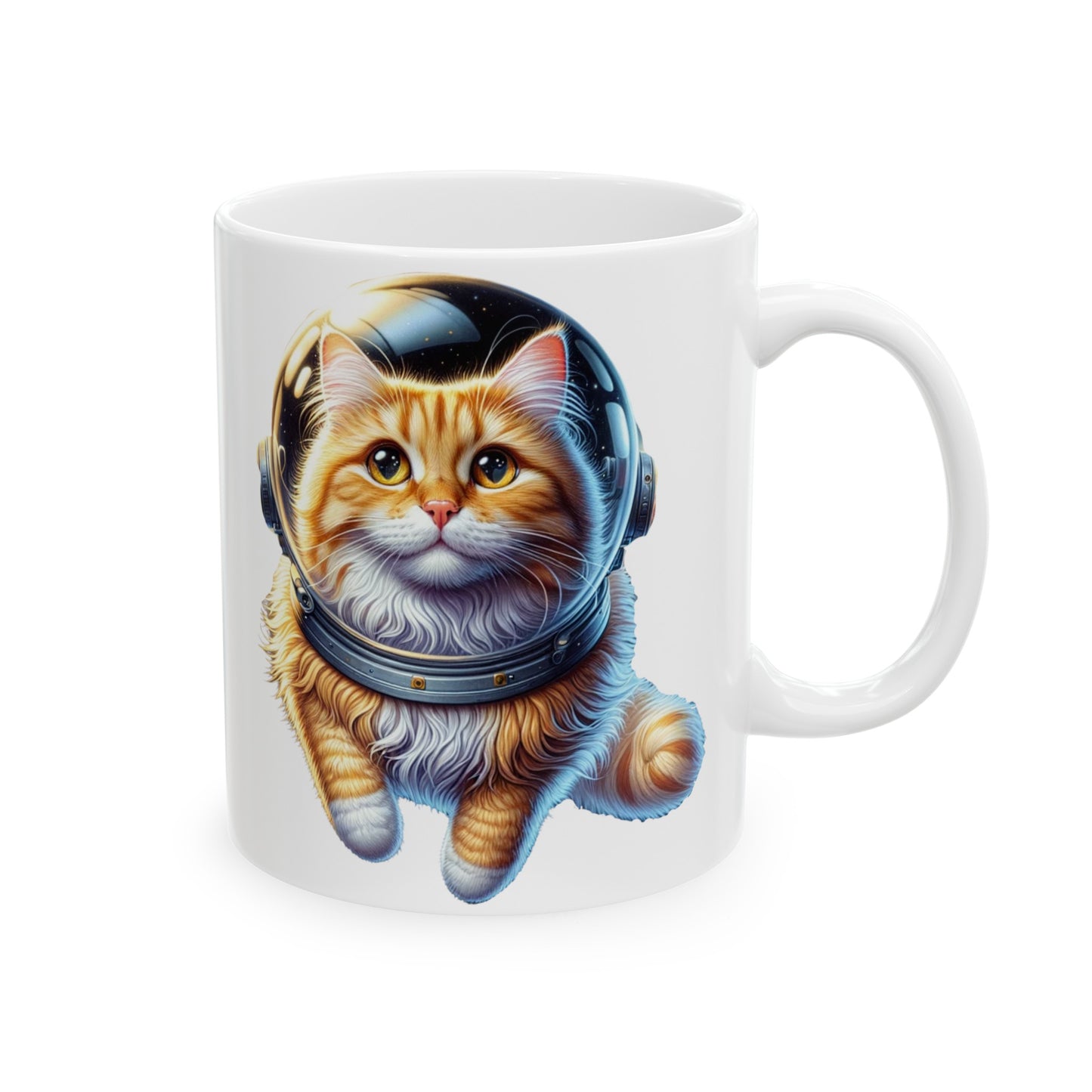 Space Cat, Yellow-Orange Long-Haired, Tabby, Ceramic Mug 11oz