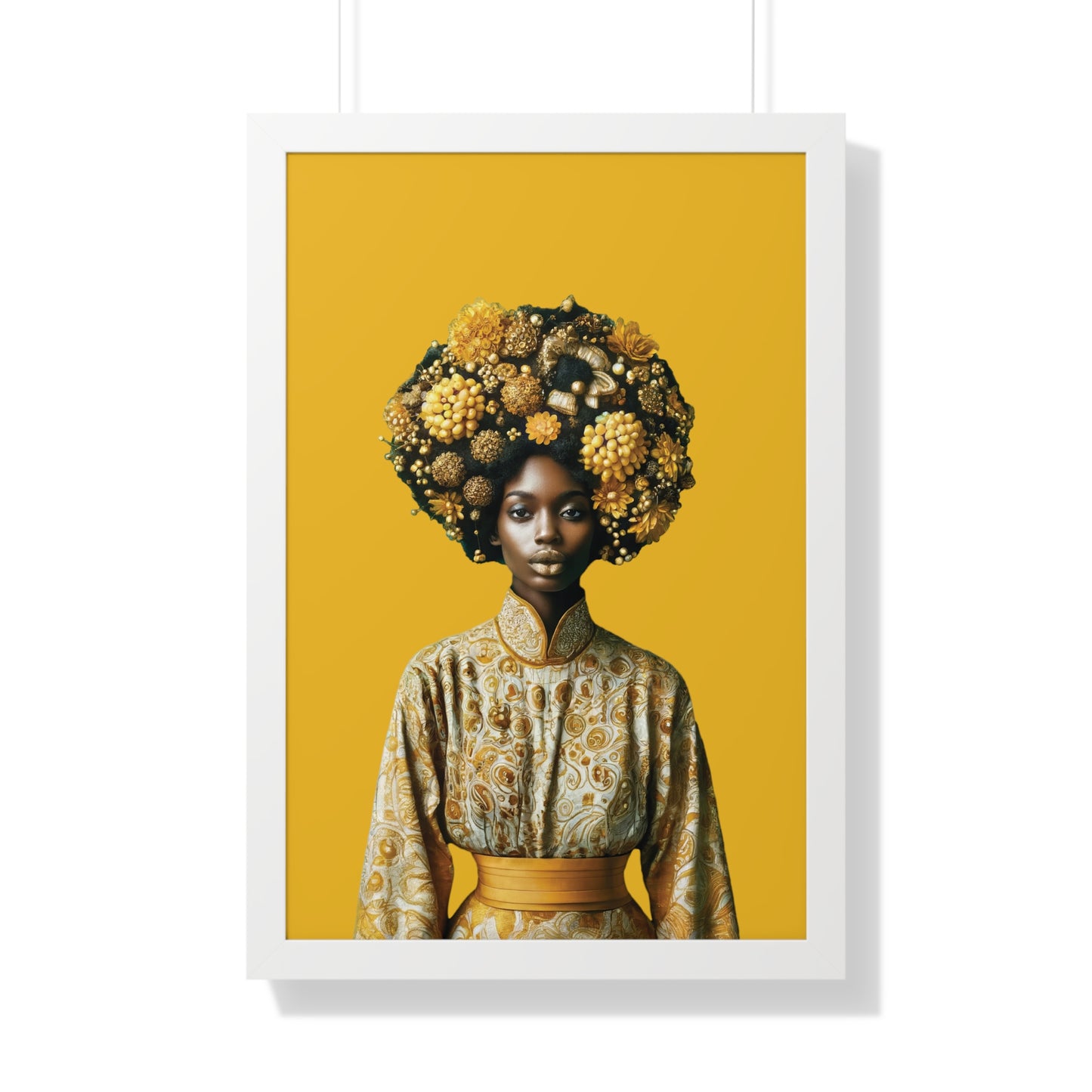 Framed Vertical Poster Peaceful African Woman with Yellow Flowers no bg