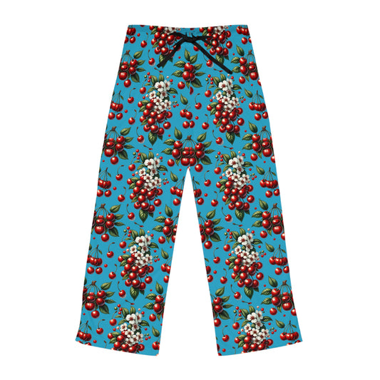 Women's Pajama Pants (AOP)Red Cherries and White Blossoms Turquoise