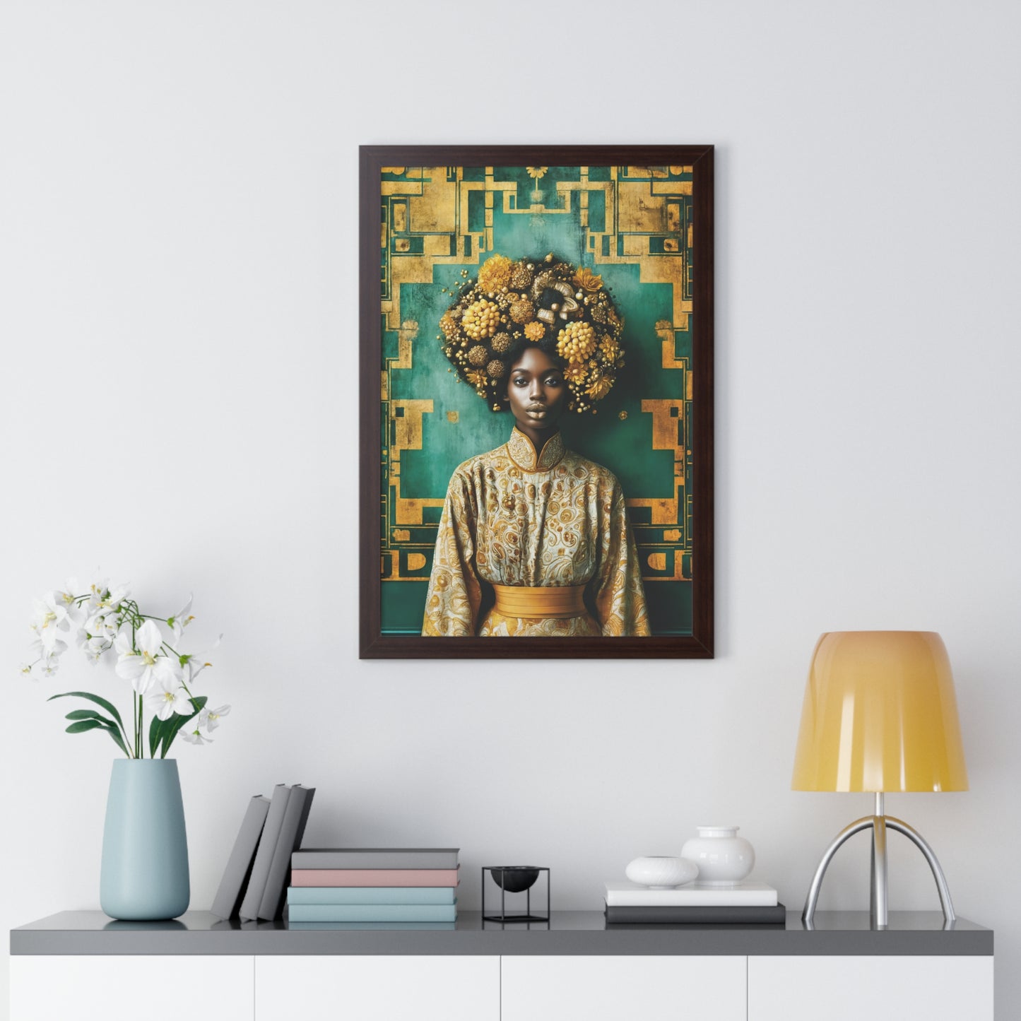 Framed Vertical Poster Peaceful African Woman with Yellow Flowers