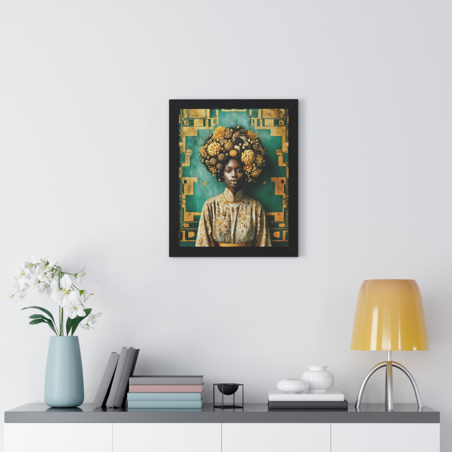 Framed Vertical Poster Peaceful African Woman with Yellow Flowers