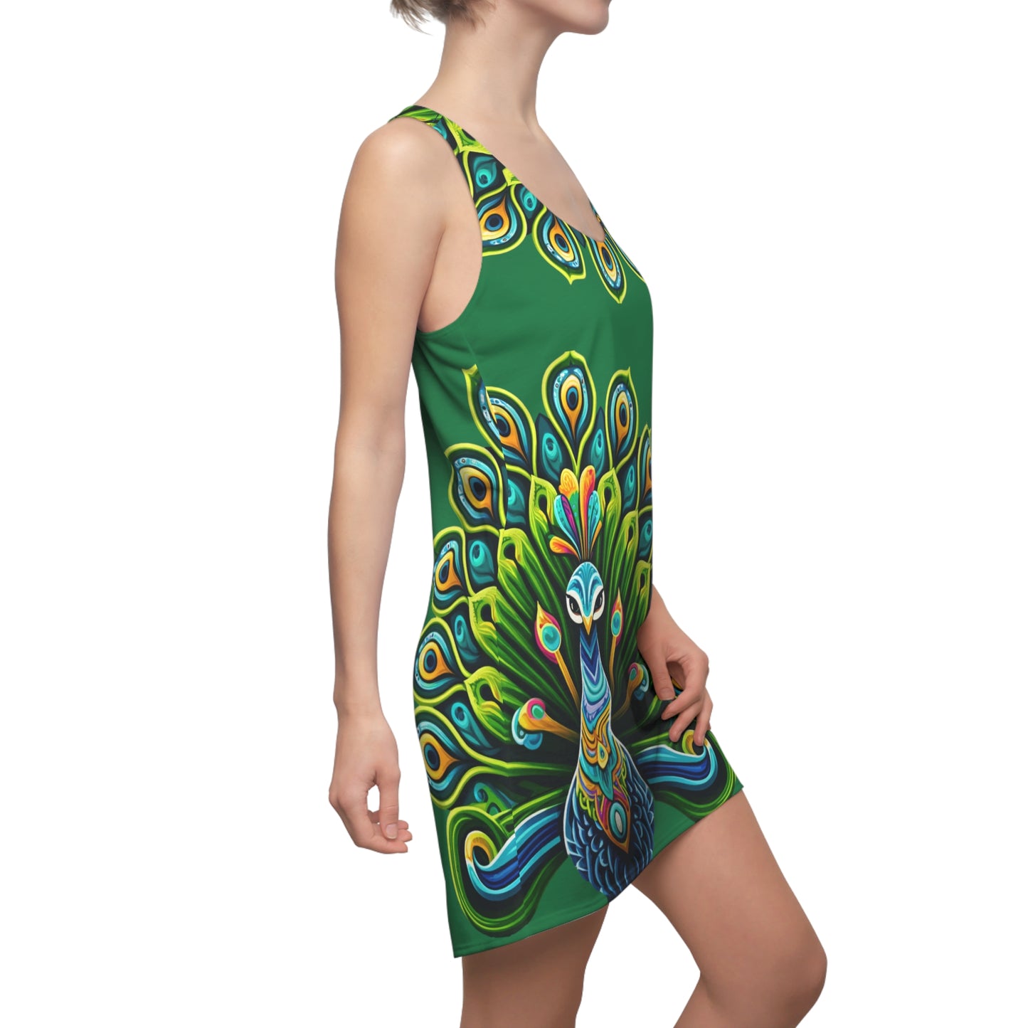 Women's Cut & Sew Racerback Dress (AOP) Peacock on Dark Green