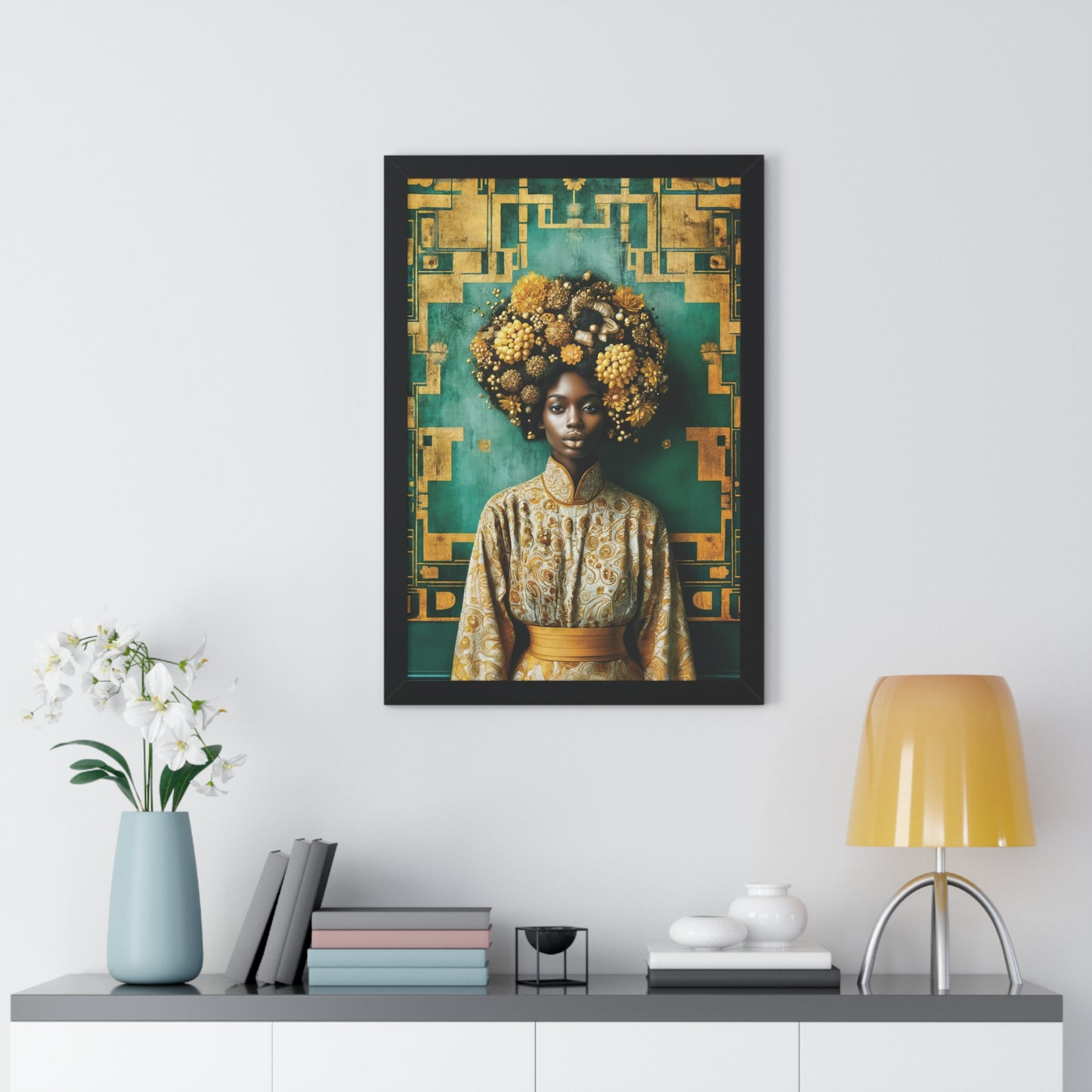 Framed Vertical Poster Peaceful African Woman with Yellow Flowers