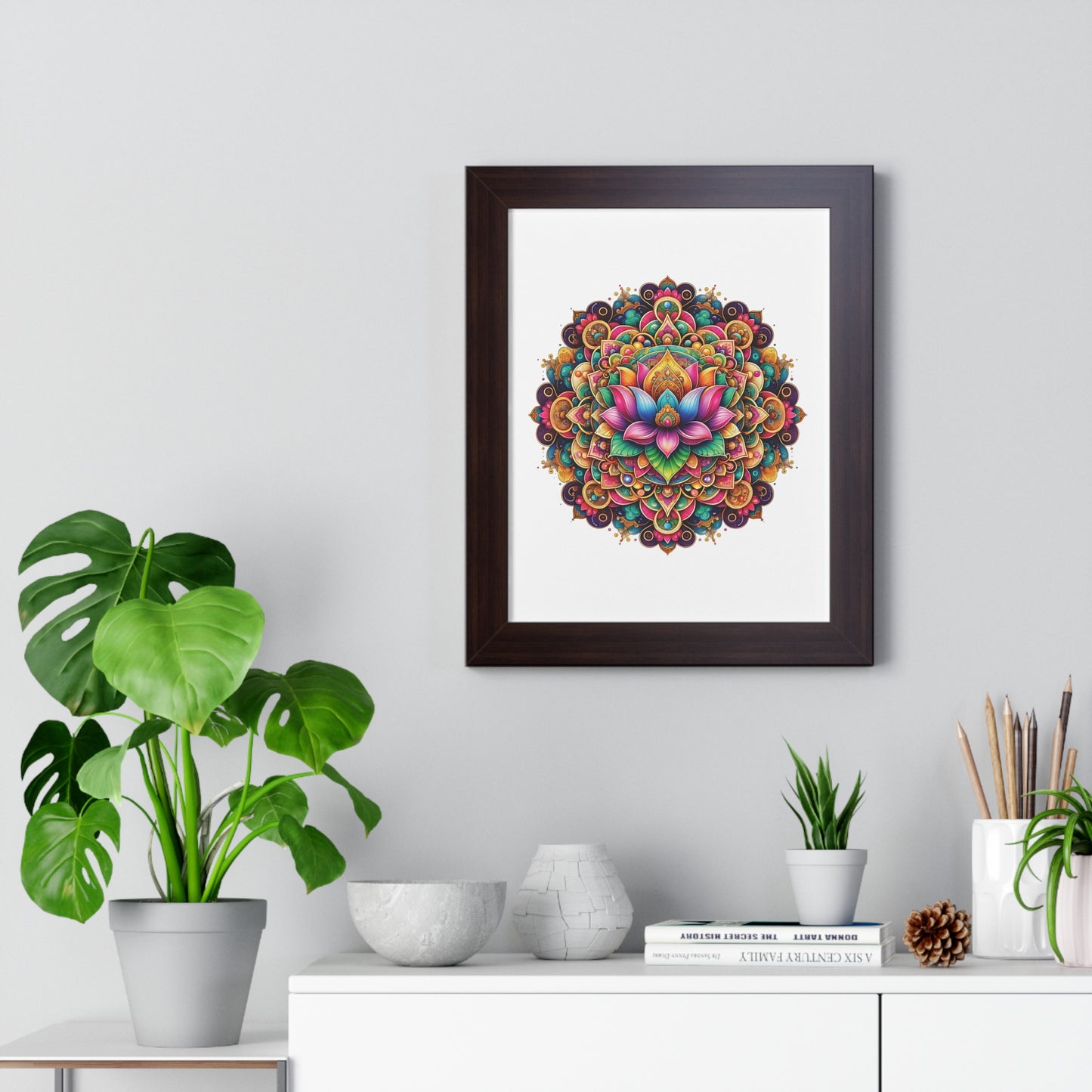 Framed Vertical Poster Lotus Mandala on white bg