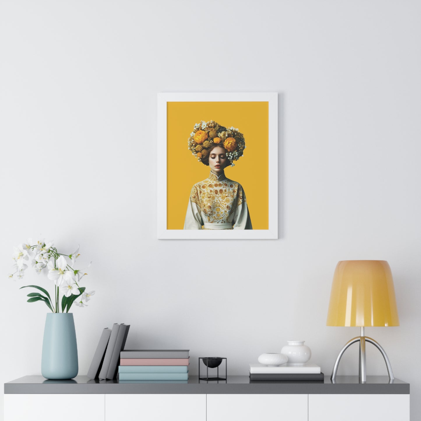 Framed Vertical Poster Peaceful Woman with Yellow Flowers no bg