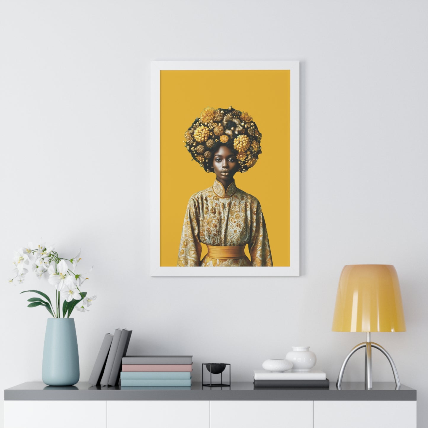 Framed Vertical Poster Peaceful African Woman with Yellow Flowers no bg