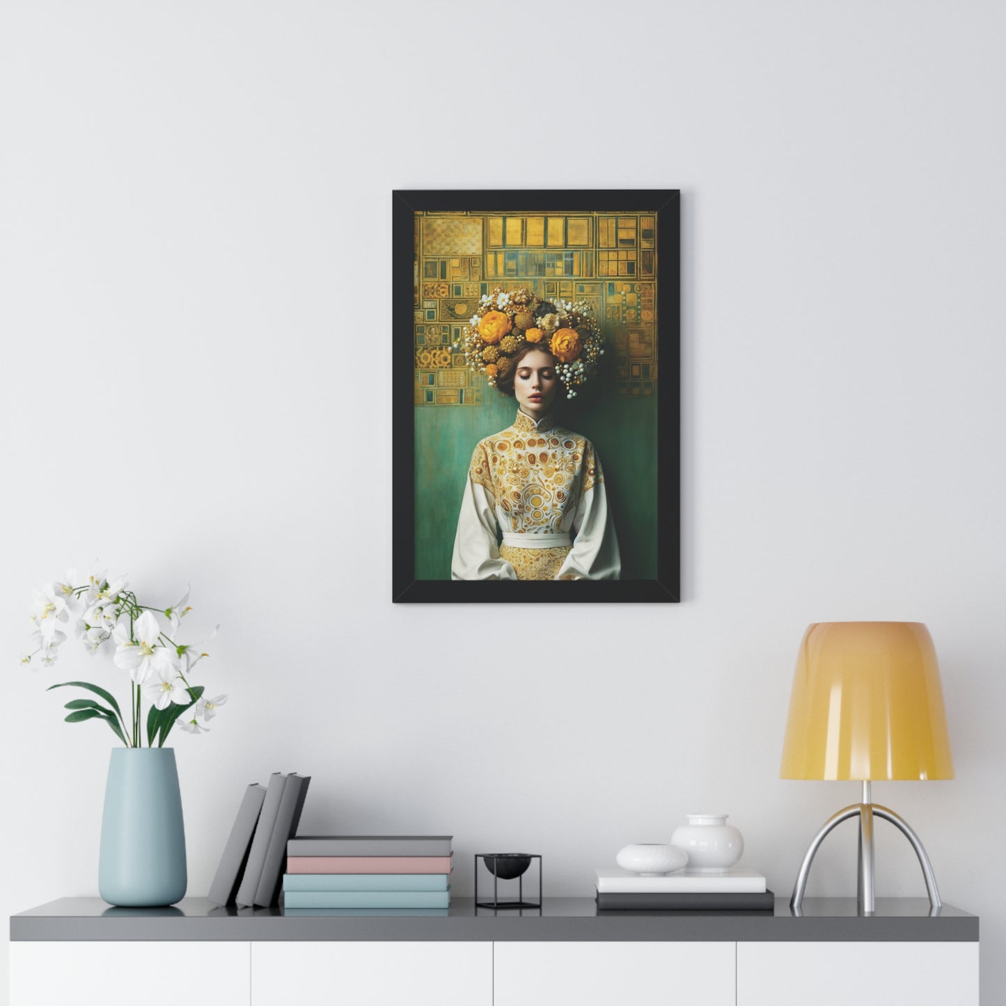 Framed Vertical Poster Peaceful Woman with Yellow Flowers