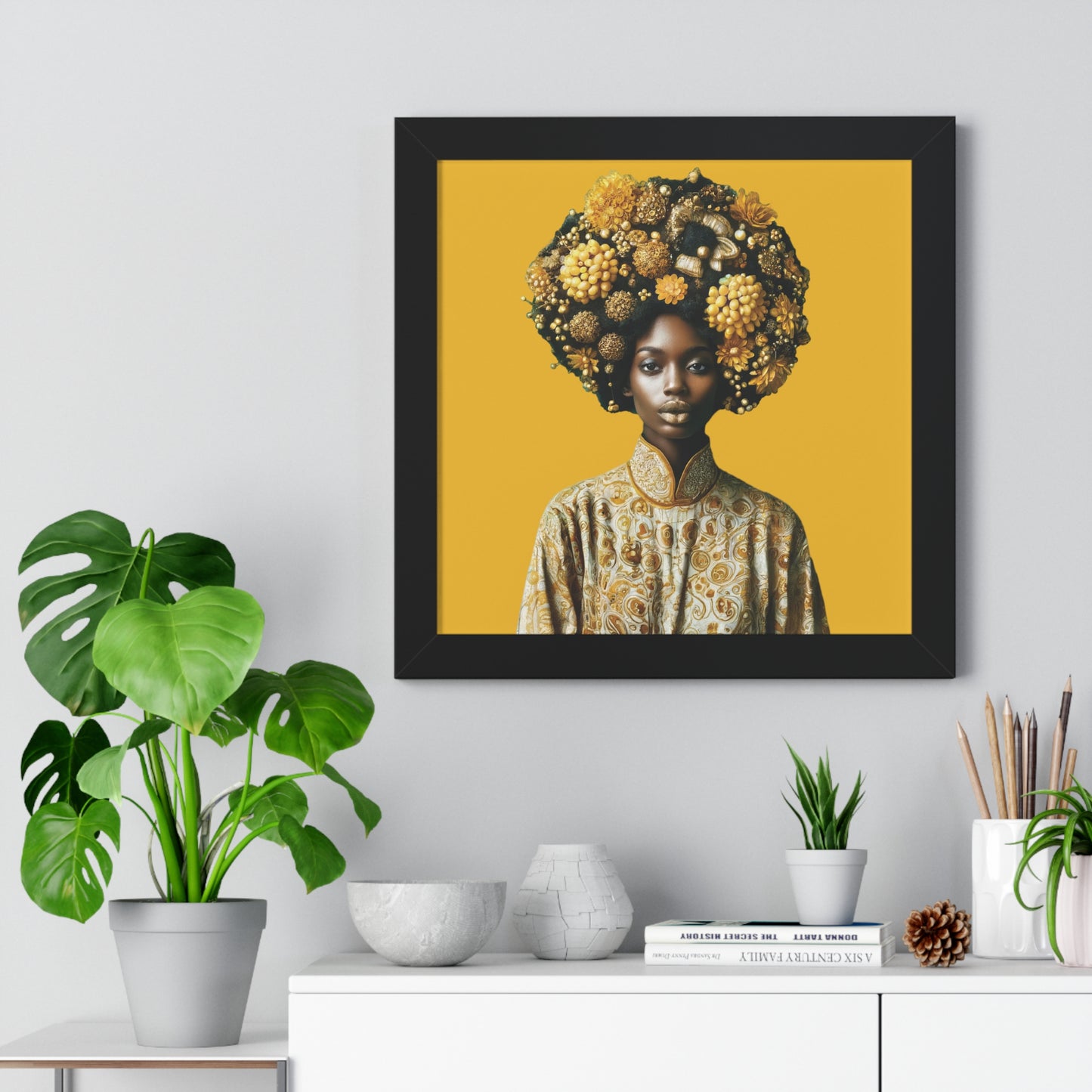 Framed Vertical Poster Peaceful African Woman with Yellow Flowers no bg