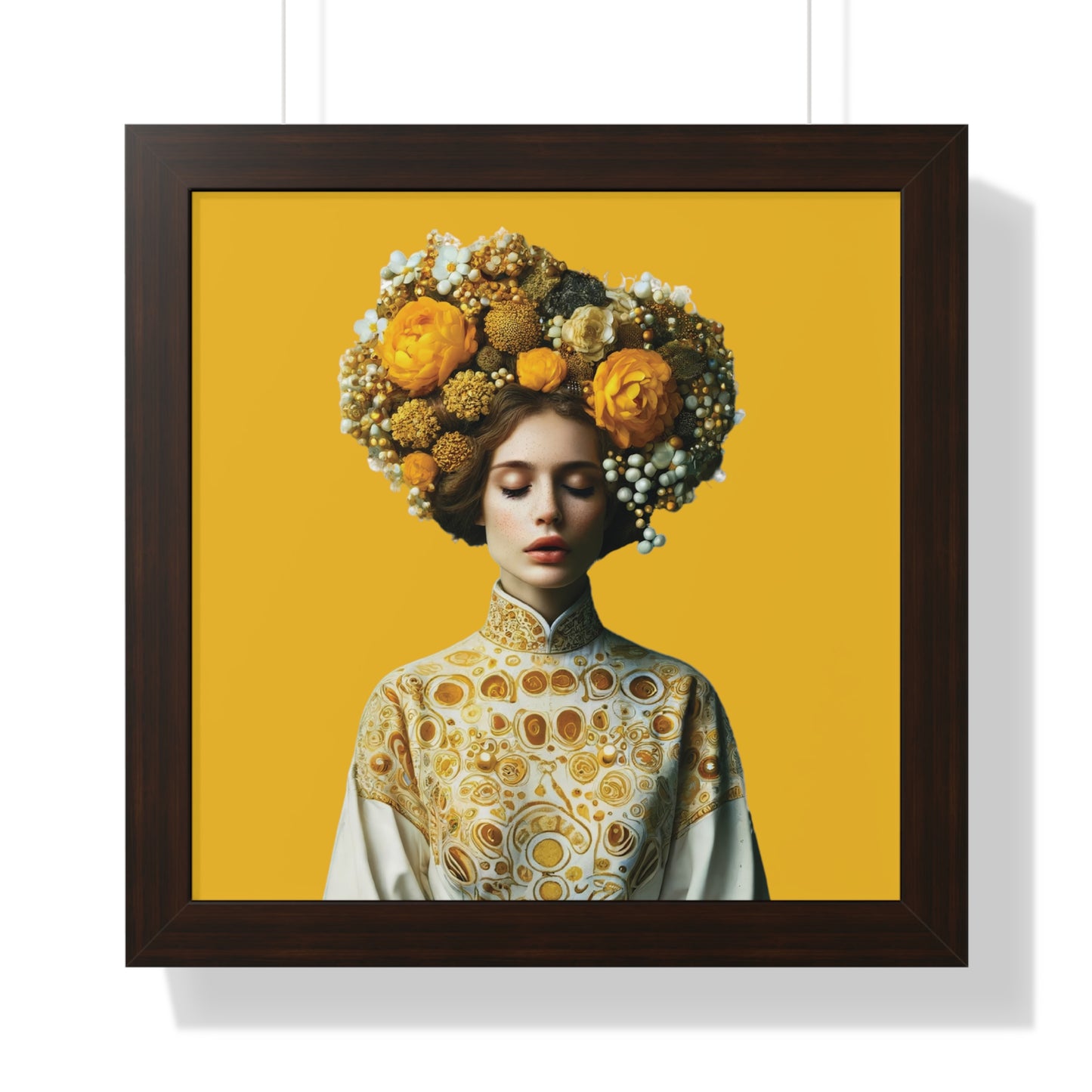 Framed Vertical Poster Peaceful Woman with Yellow Flowers no bg