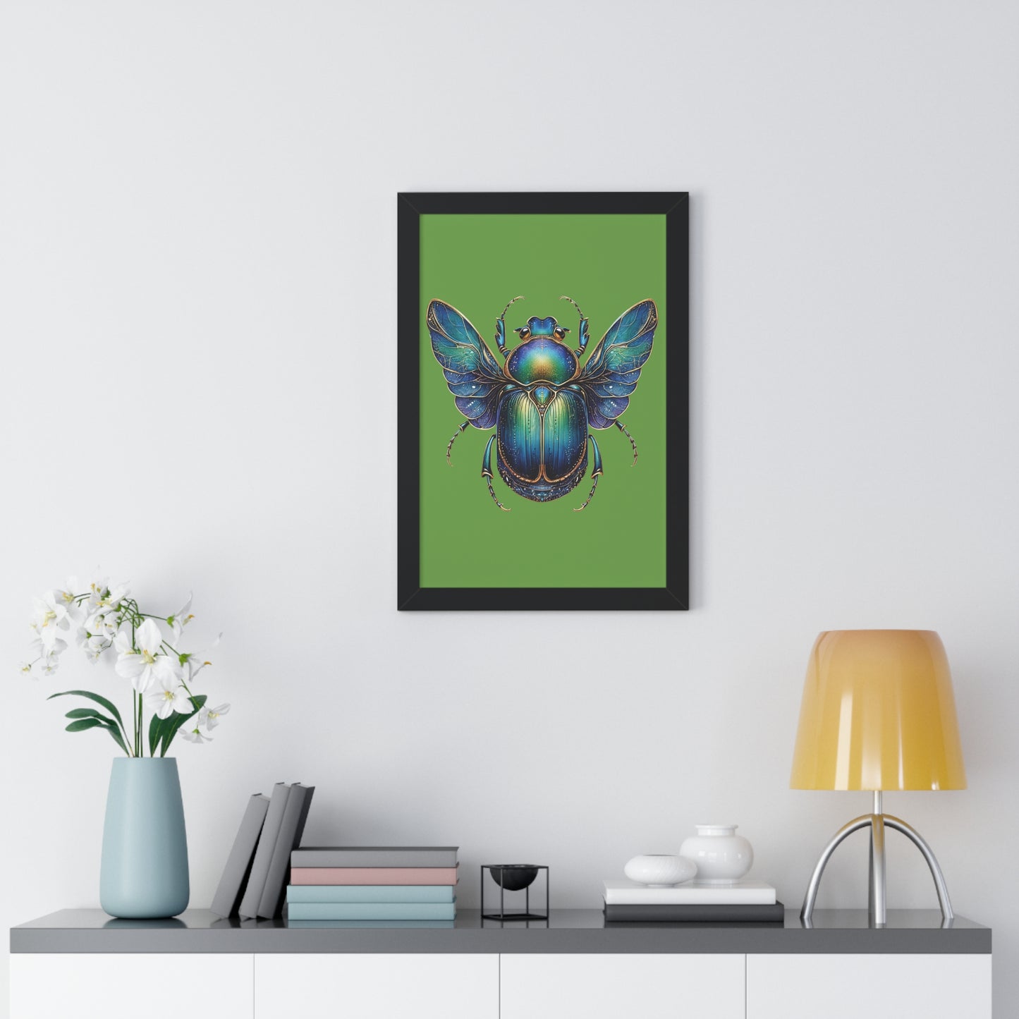 Framed Vertical Poster Scarab on Bright Green