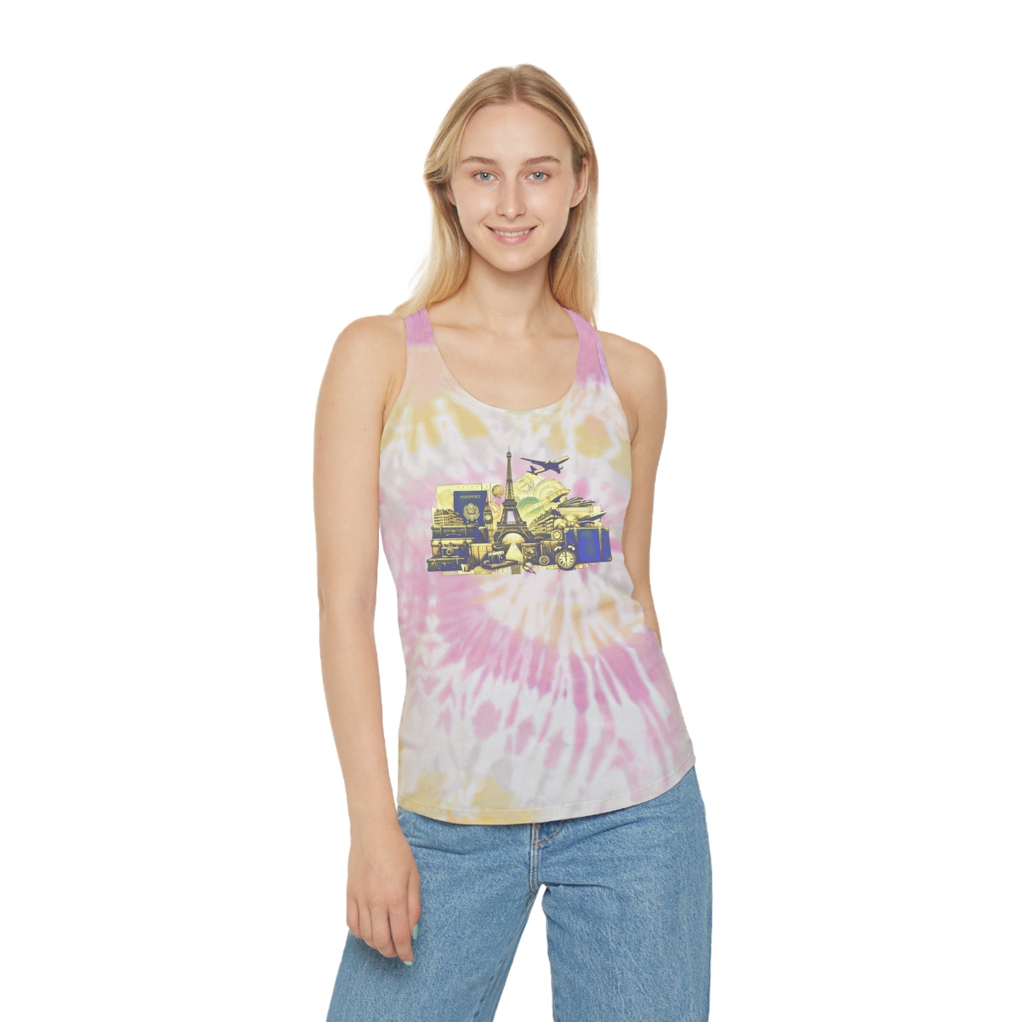 Tie Dye Racerback Tank Top w/Paris Travel Collage