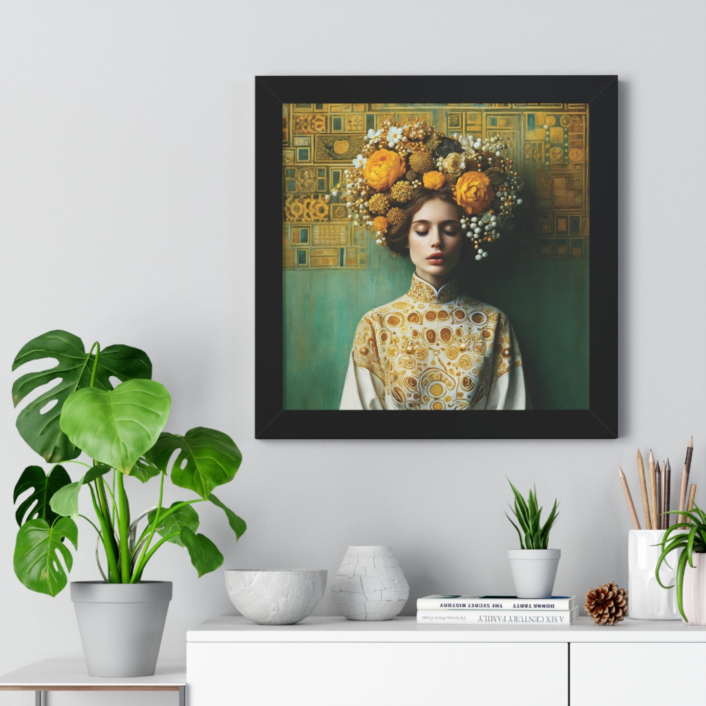 Framed Vertical Poster Peaceful Woman with Yellow Flowers