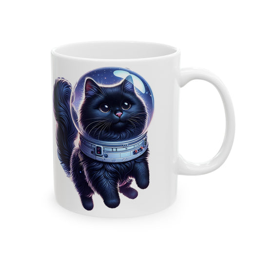 Space Cat, Long Haired Black Kitty Ceramic Mug 11oz