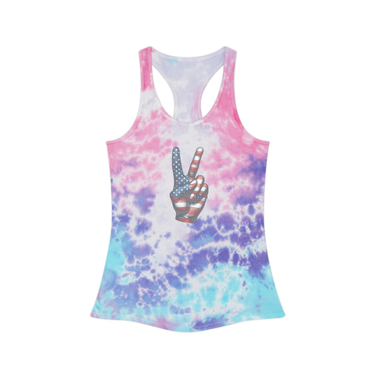 Tie Dye Racerback Tank Top w/ faded peace sign hand