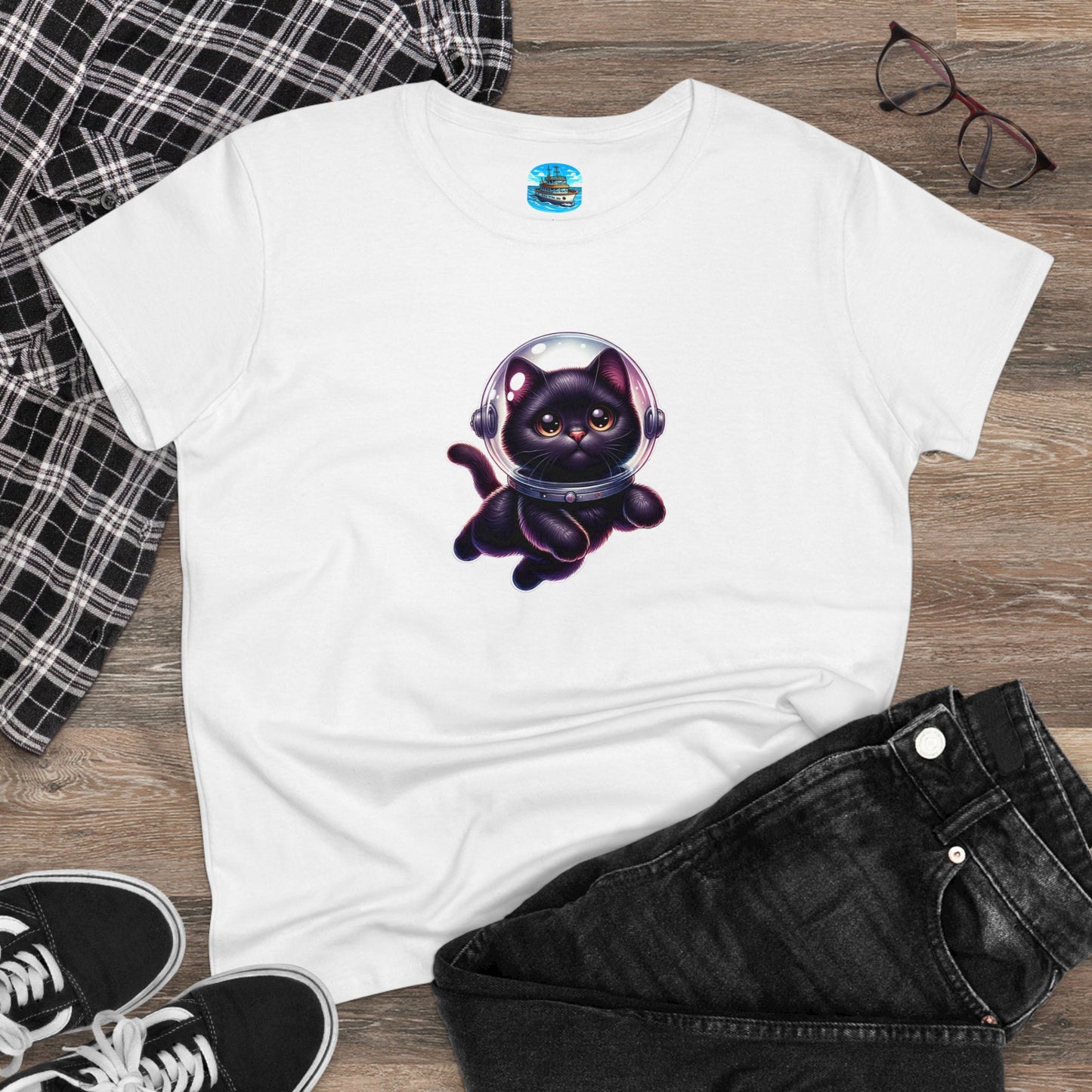 Women's Midweight Cotton Tee Space Cat, Black Cat