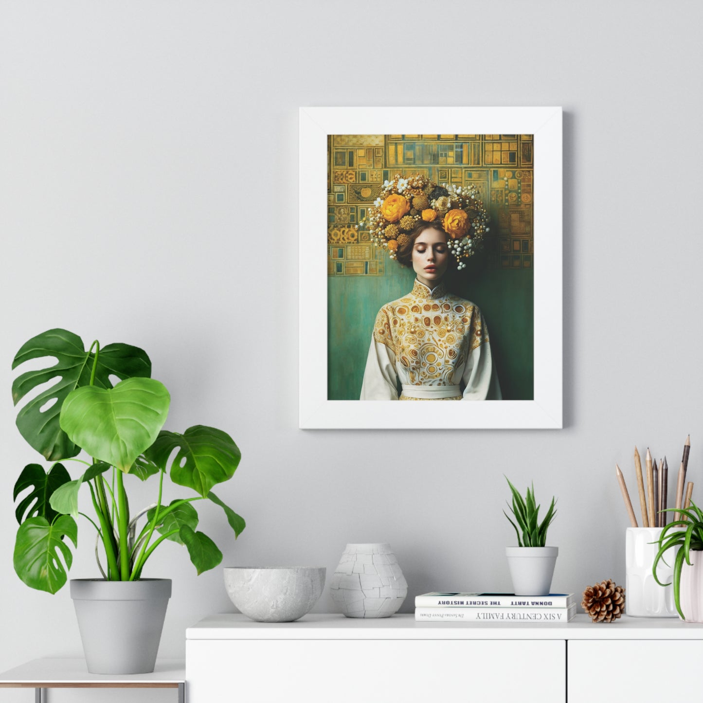 Framed Vertical Poster Peaceful Woman with Yellow Flowers