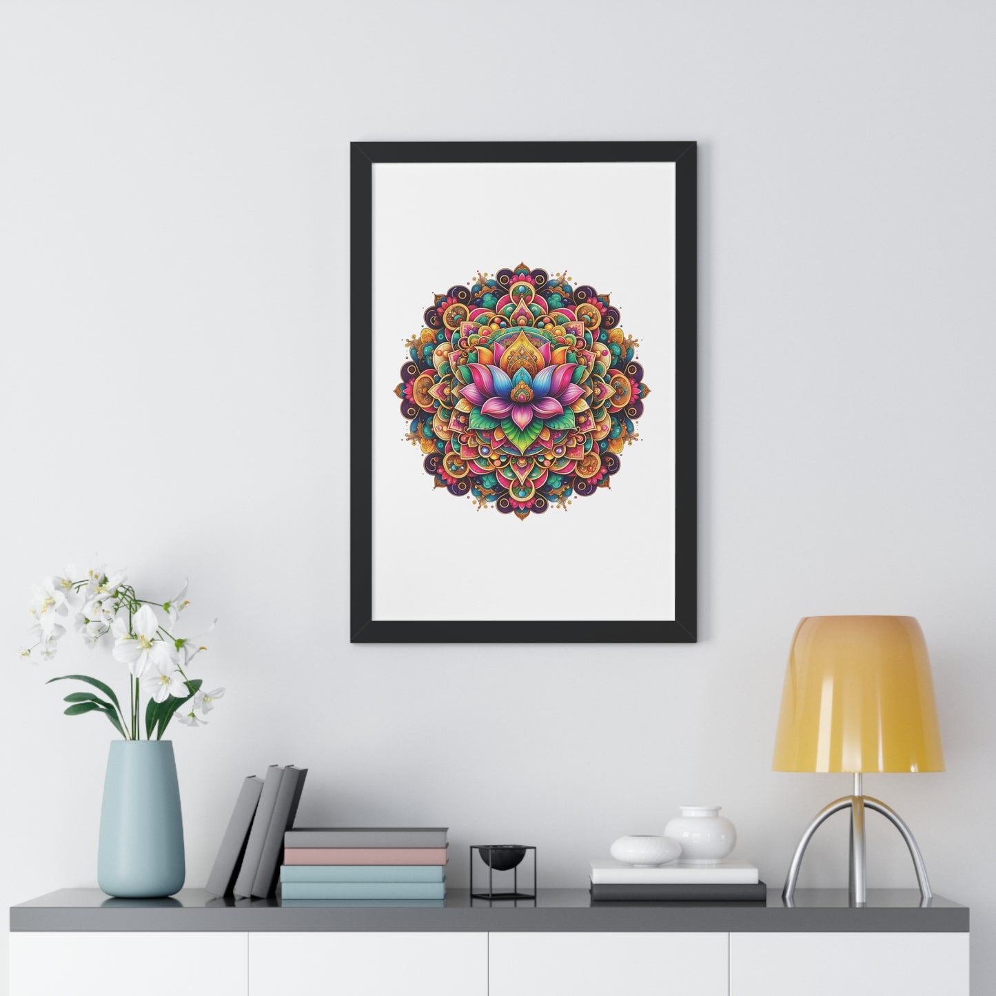 Framed Vertical Poster Lotus Mandala on white bg