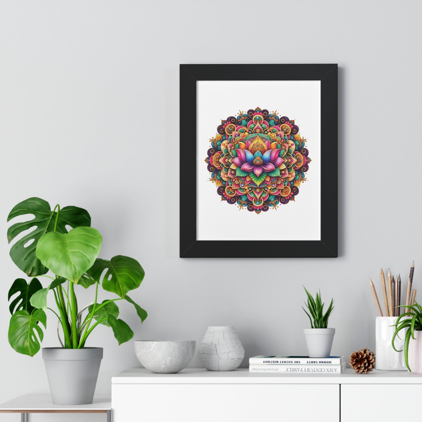 Framed Vertical Poster Lotus Mandala on white bg