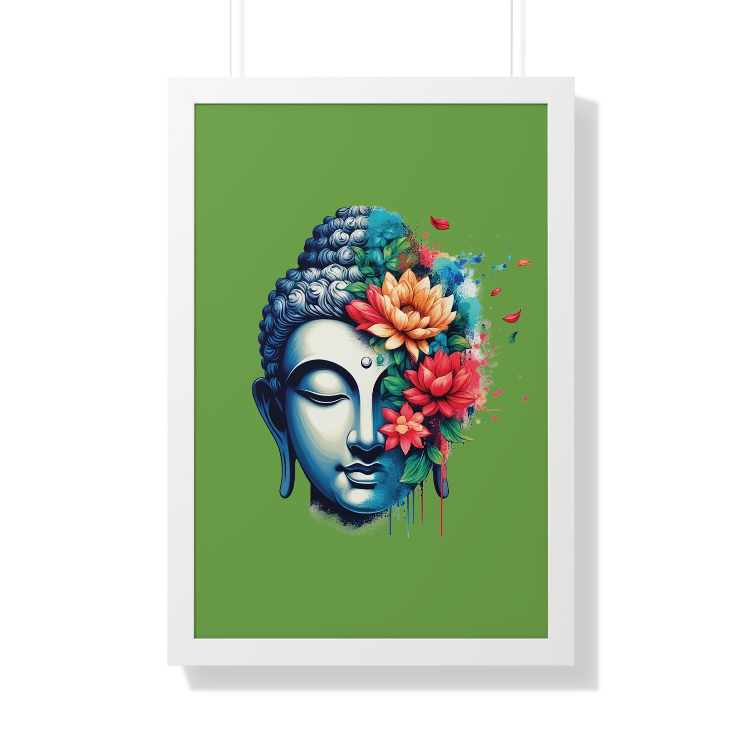 Framed Vertical Poster Peaceful Buddha with Flowers on bright green