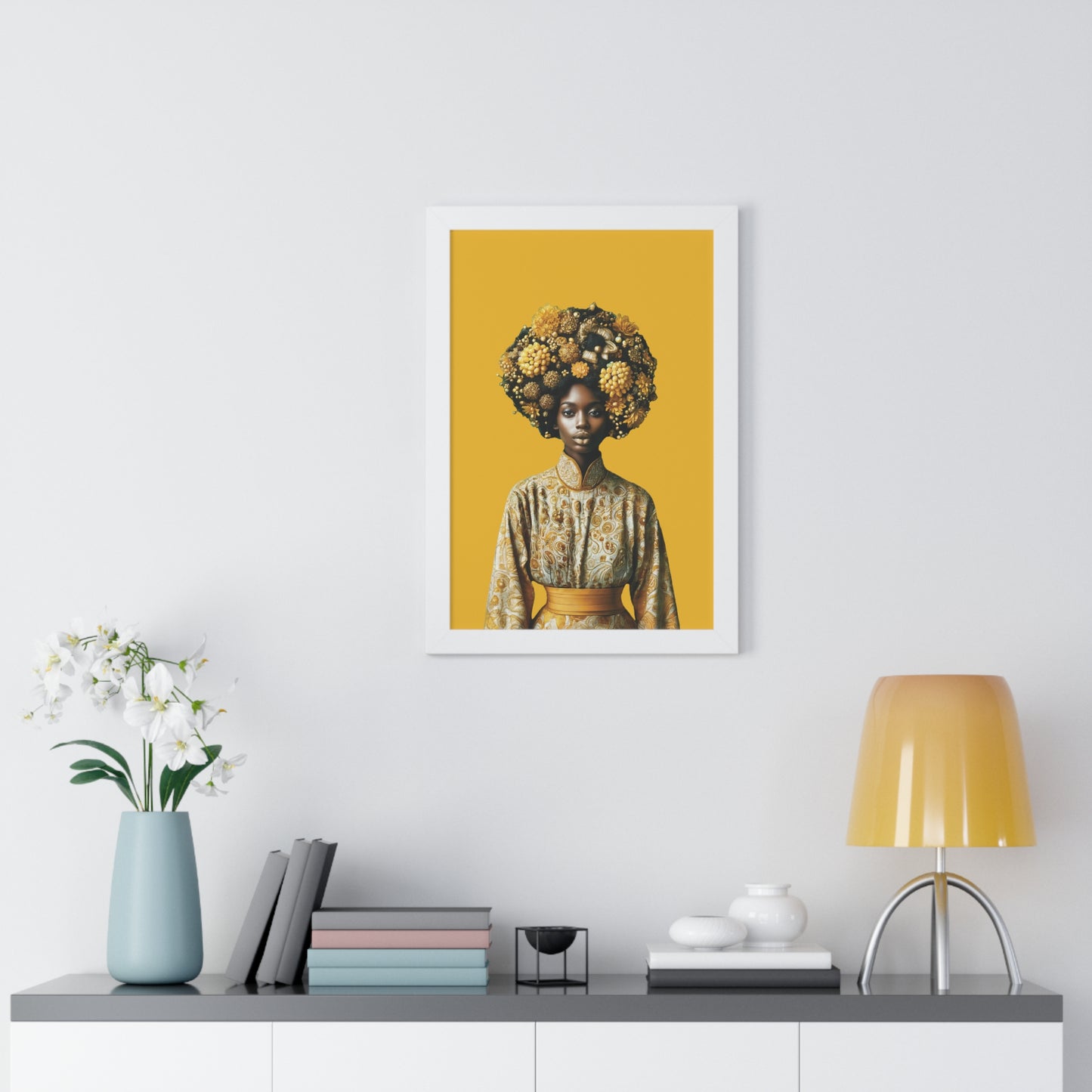 Framed Vertical Poster Peaceful African Woman with Yellow Flowers no bg