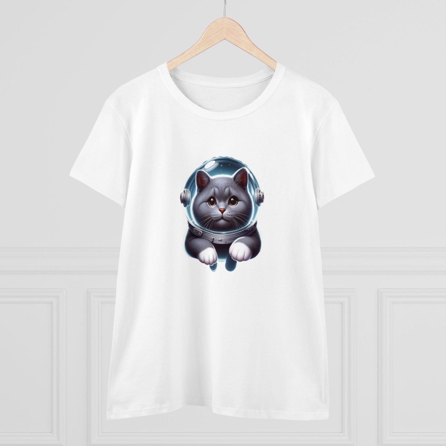 Space Cat, Gray Kitty, Women's Midweight Cotton Tee