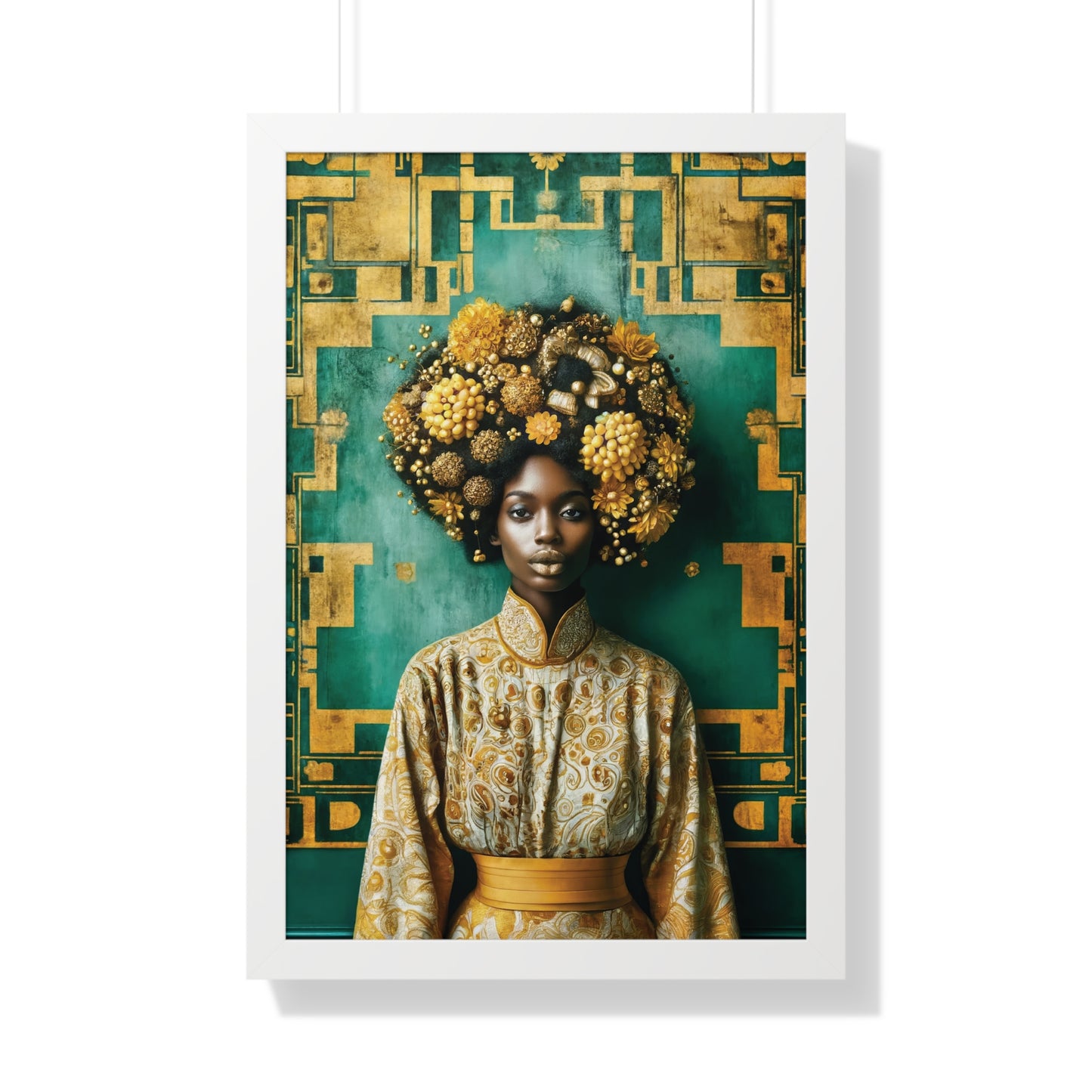 Framed Vertical Poster Peaceful African Woman with Yellow Flowers