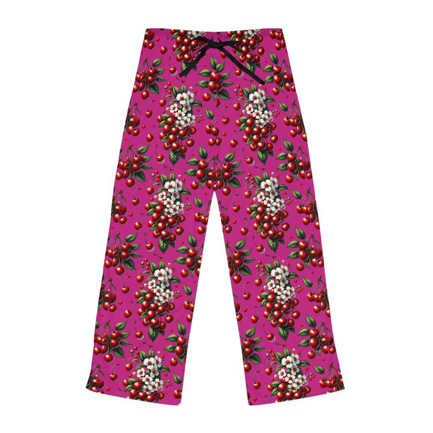 Women's Pajama Pants (AOP)Red Cherries and White Blossoms Hot Pink