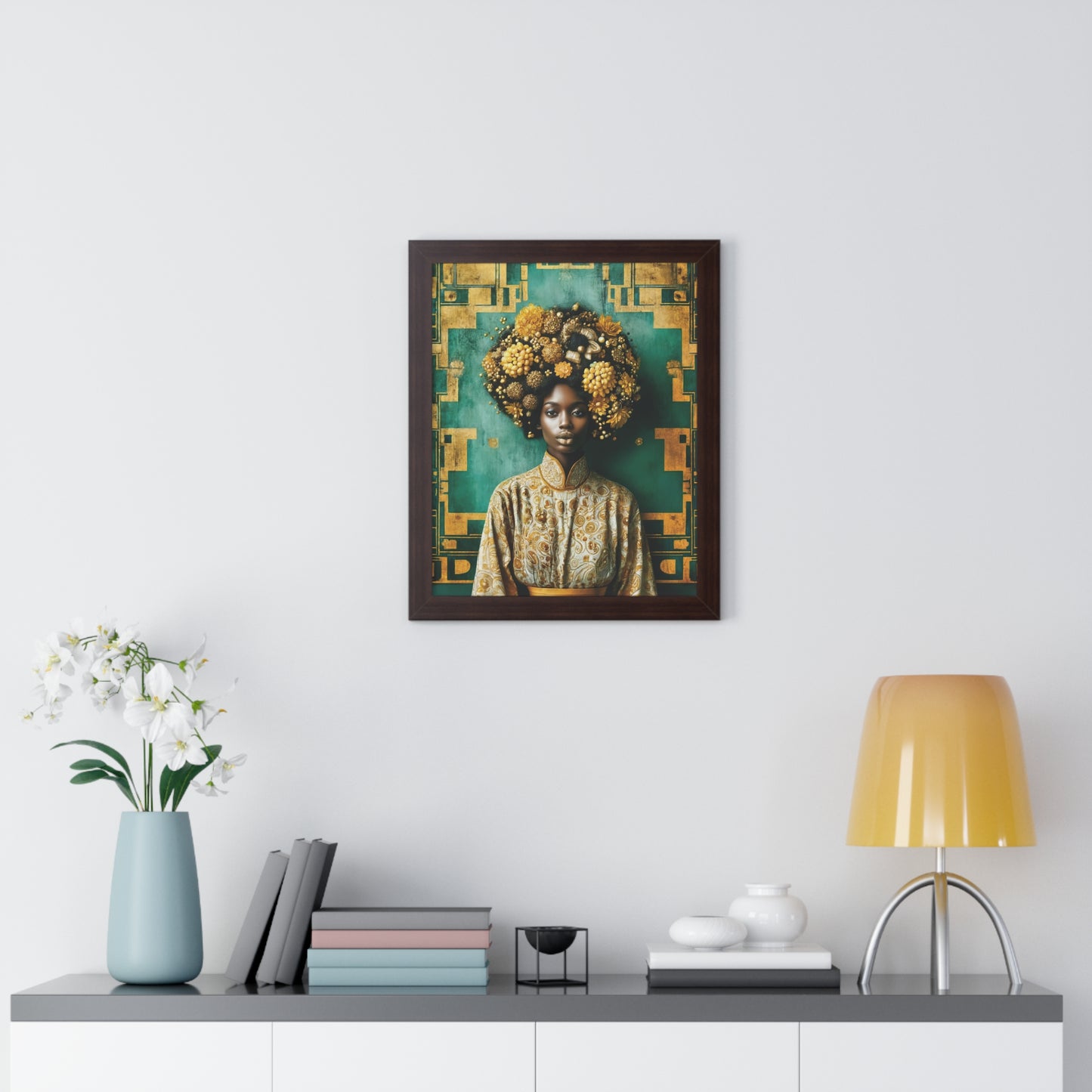 Framed Vertical Poster Peaceful African Woman with Yellow Flowers