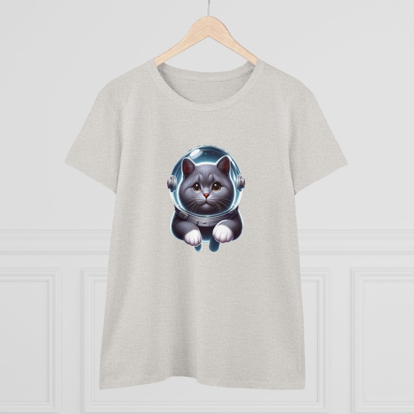 Space Cat, Gray Kitty, Women's Midweight Cotton Tee