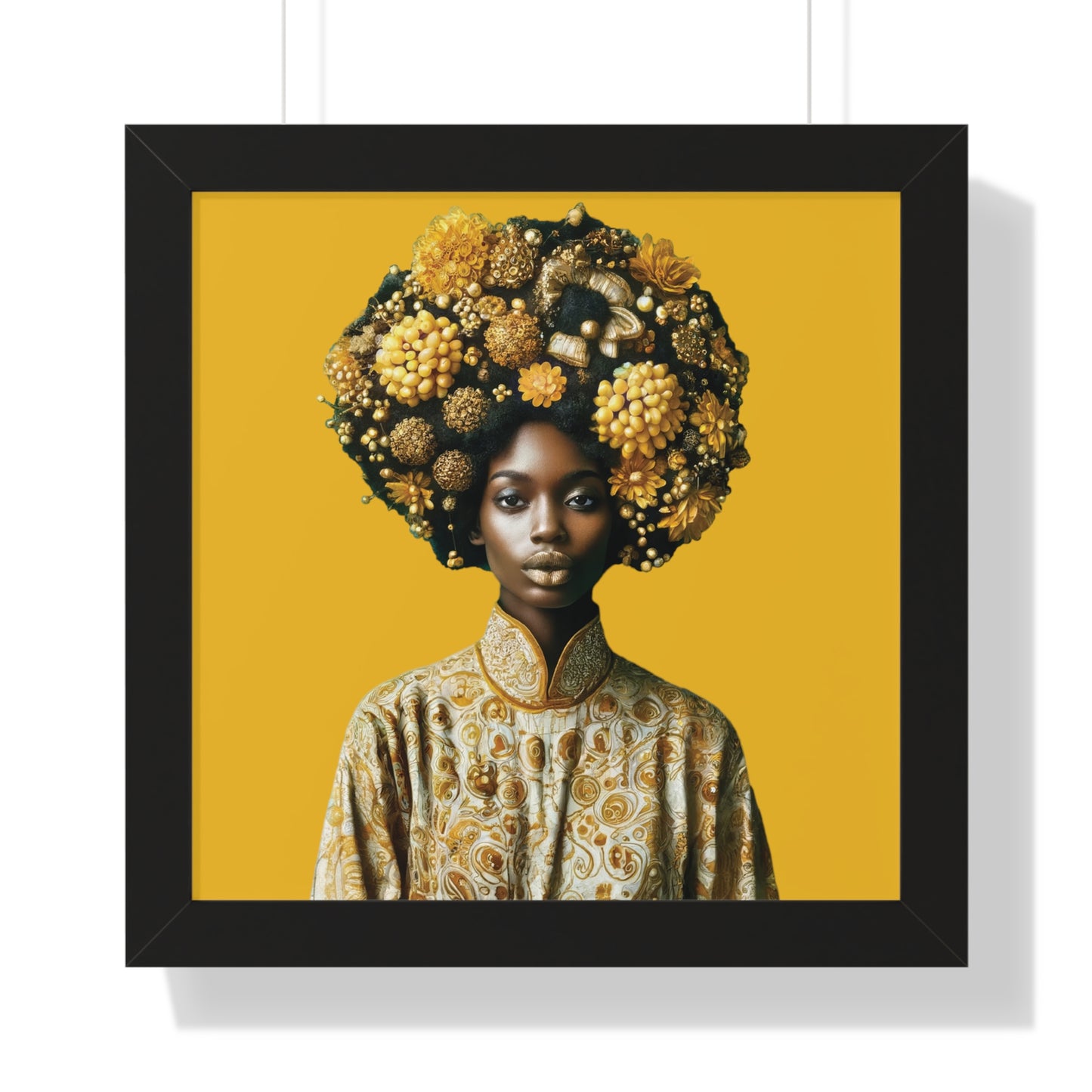 Framed Vertical Poster Peaceful African Woman with Yellow Flowers no bg