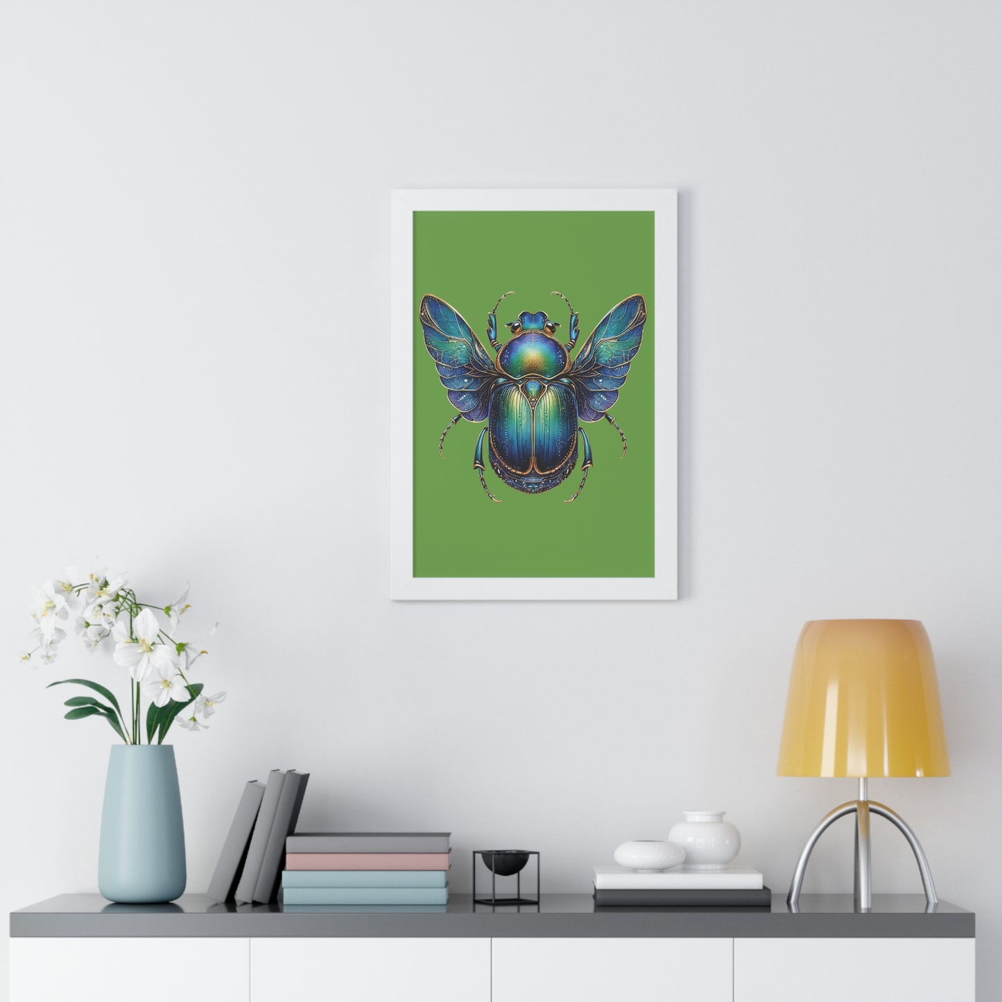 Framed Vertical Poster Scarab on Bright Green