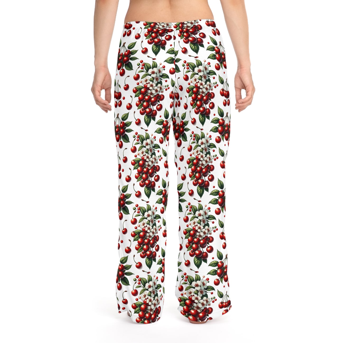 Women's Pajama Pants (AOP)Red Cherries and White Blossoms