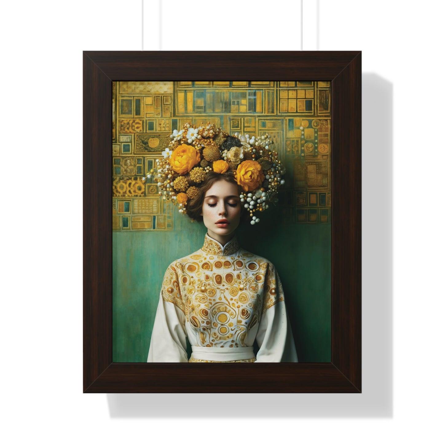 Framed Vertical Poster Peaceful Woman with Yellow Flowers