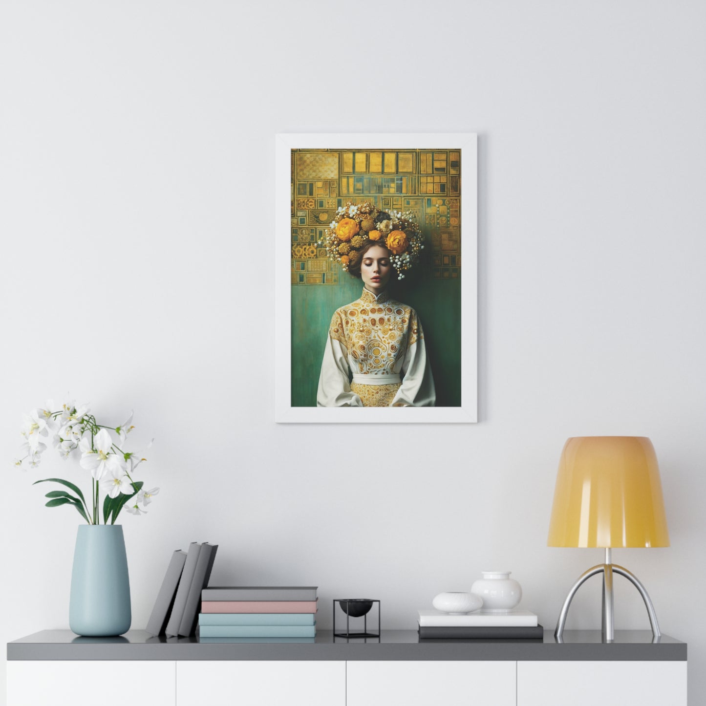 Framed Vertical Poster Peaceful Woman with Yellow Flowers