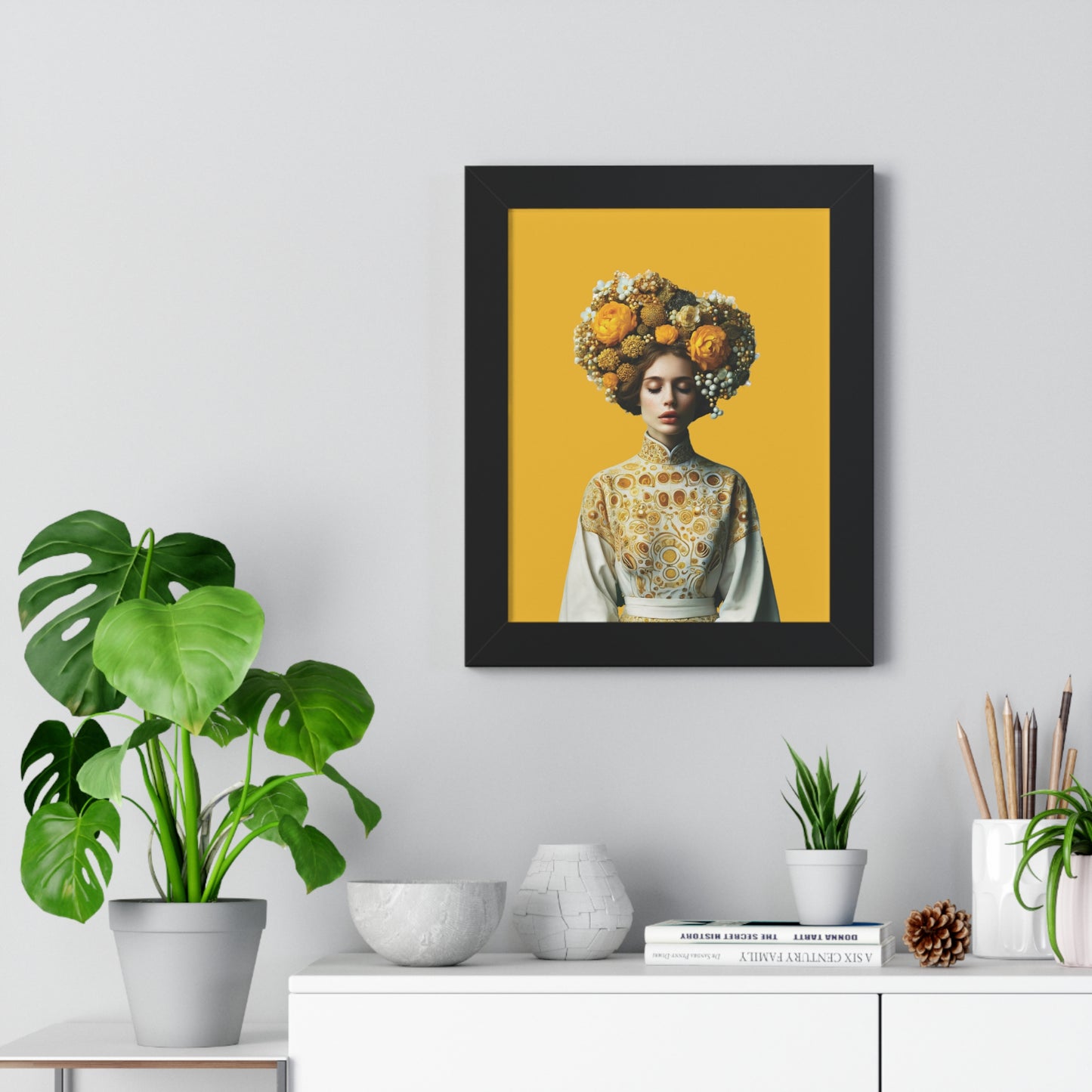 Framed Vertical Poster Peaceful Woman with Yellow Flowers no bg