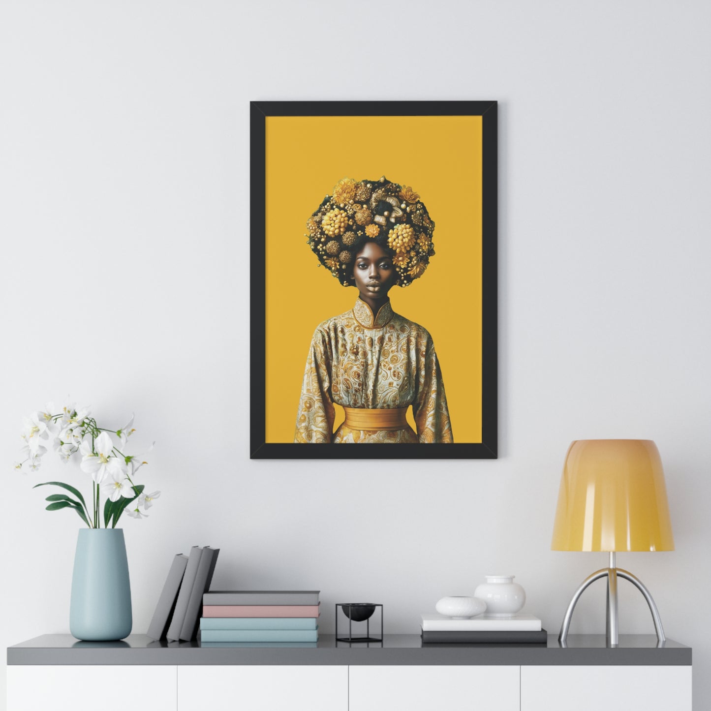 Framed Vertical Poster Peaceful African Woman with Yellow Flowers no bg