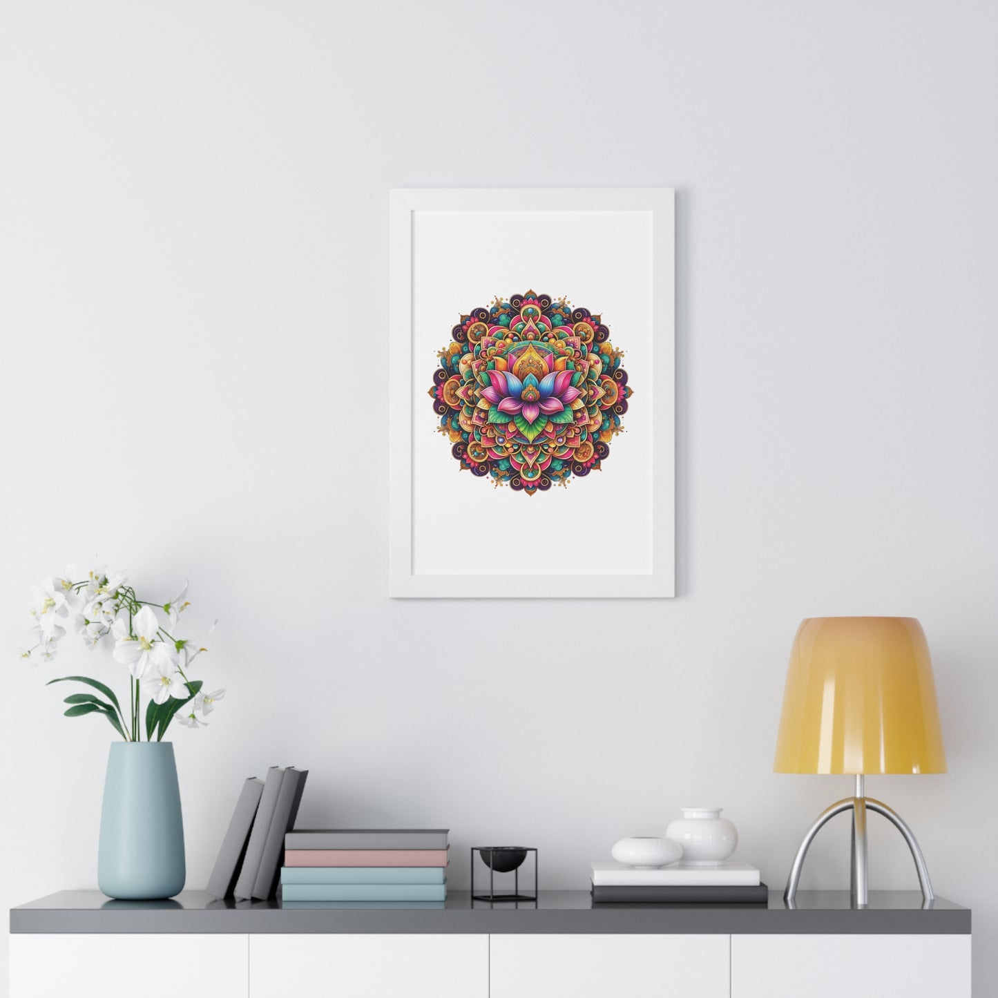 Framed Vertical Poster Lotus Mandala on white bg