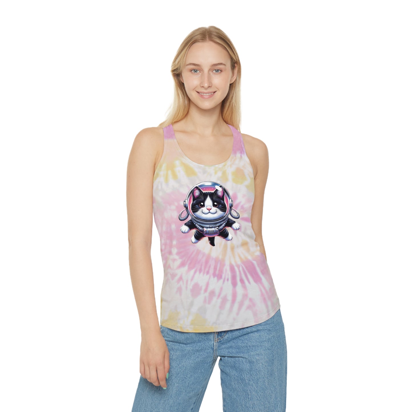 Tie Dye Racerback Tank Top w/Tuxedo Cat Space Cat