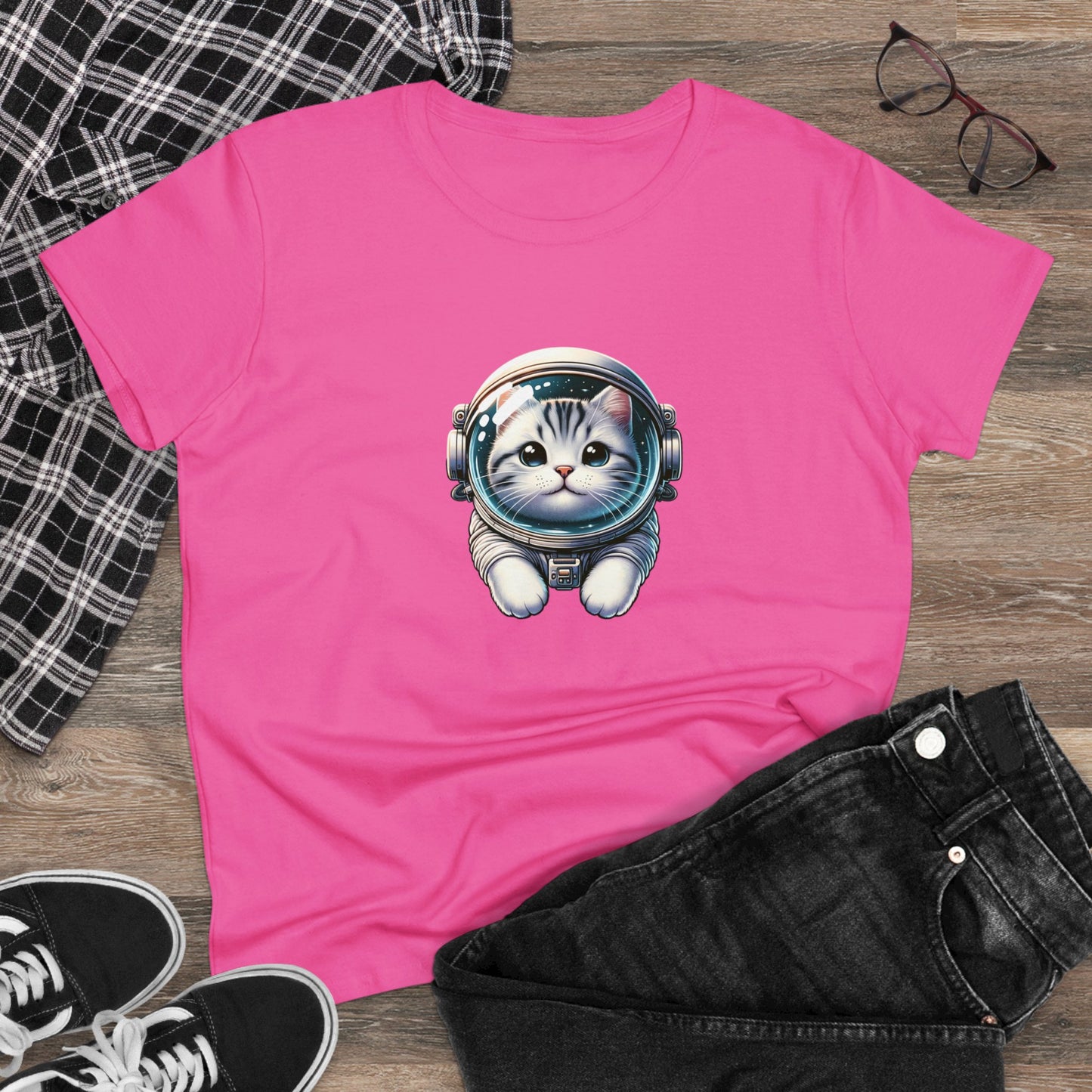 Space Cat, Gray Tiger Kitty, Women's Midweight Cotton Tee