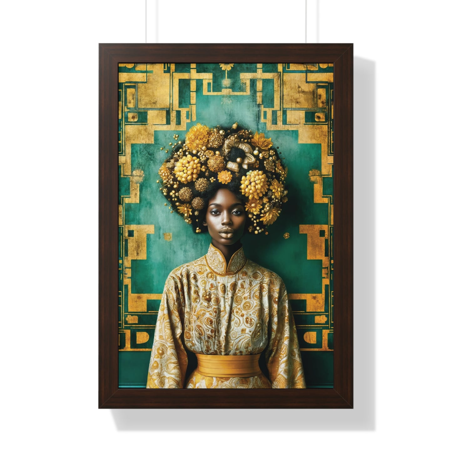 Framed Vertical Poster Peaceful African Woman with Yellow Flowers