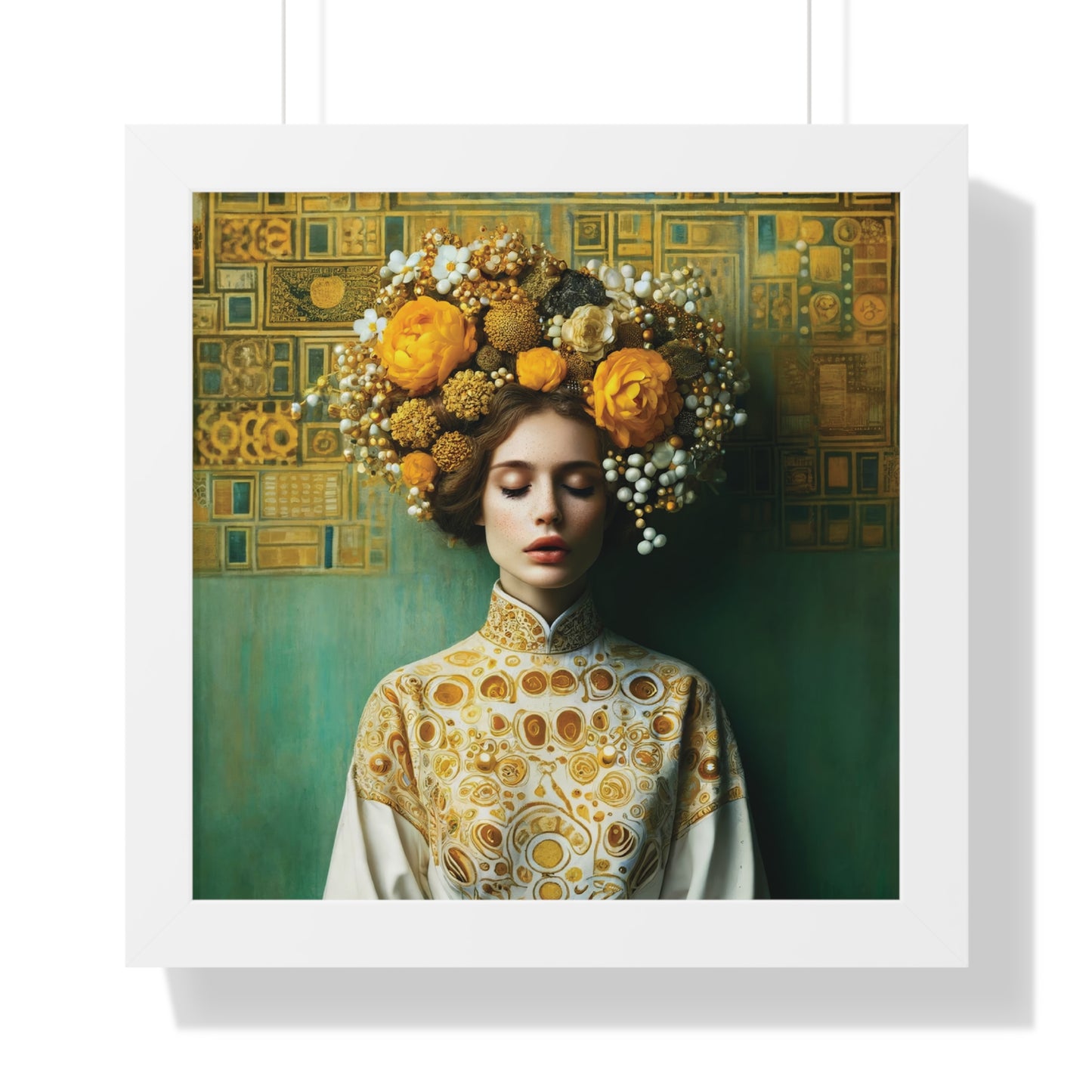 Framed Vertical Poster Peaceful Woman with Yellow Flowers