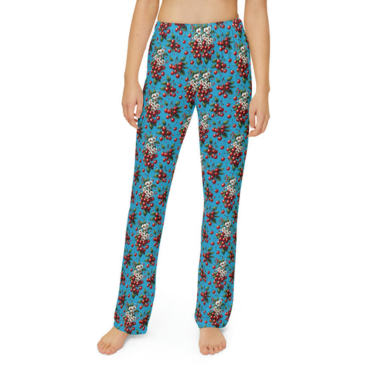 Kids Pajama Pants (AOP) Red Cherries w/Turquoise BG