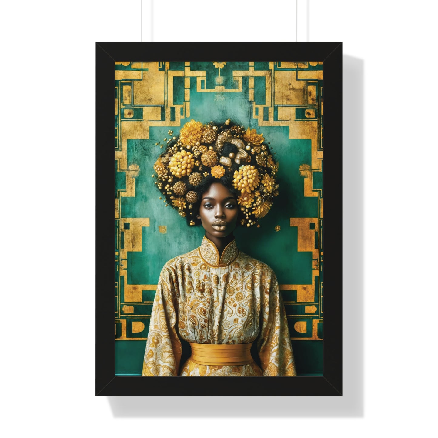 Framed Vertical Poster Peaceful African Woman with Yellow Flowers