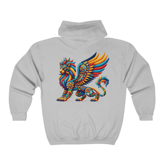 Unisex Heavy Blend™ Full Zip Hooded Sweatshirt Lion Alebrije on back in 6 colors