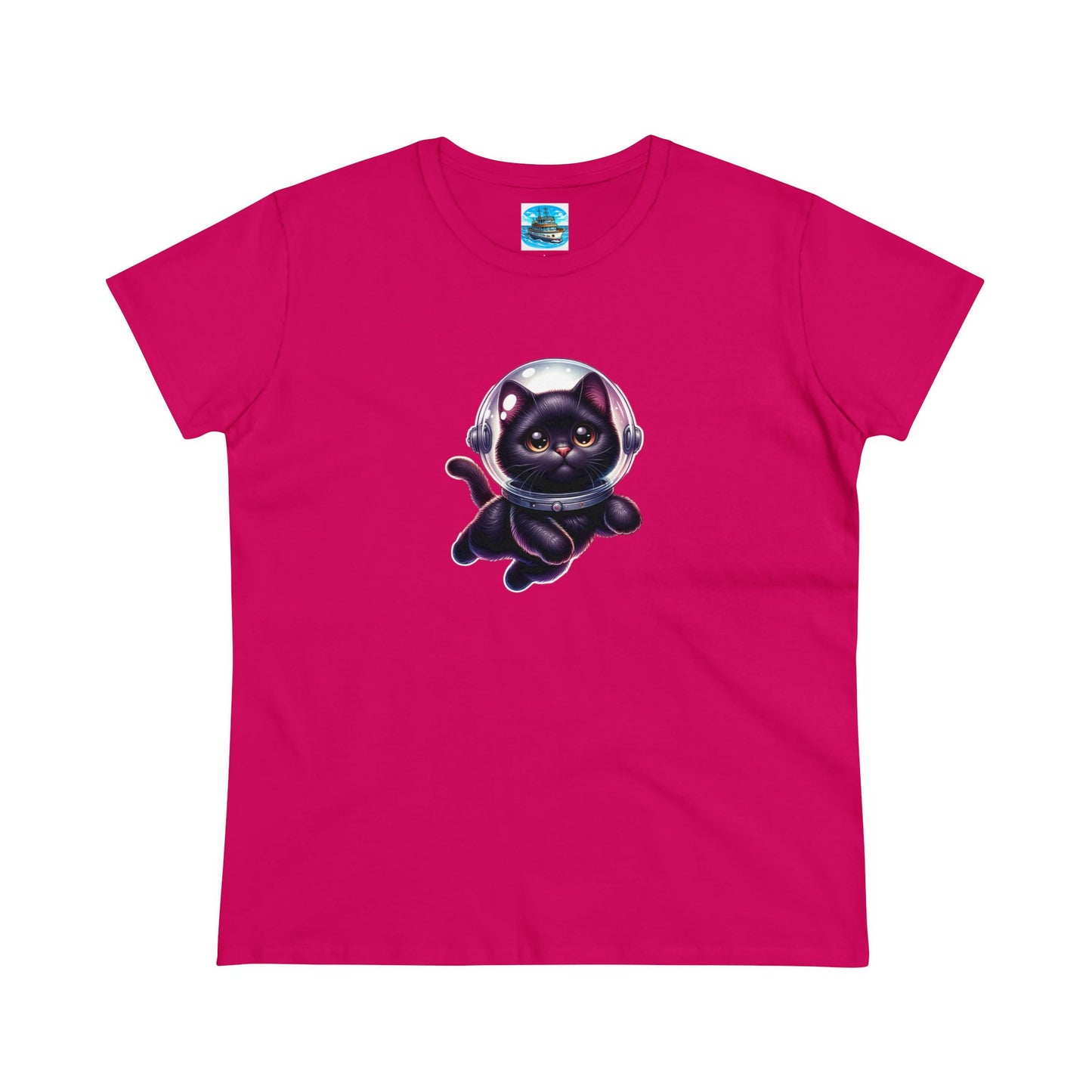 Women's Midweight Cotton Tee Space Cat, Black Cat