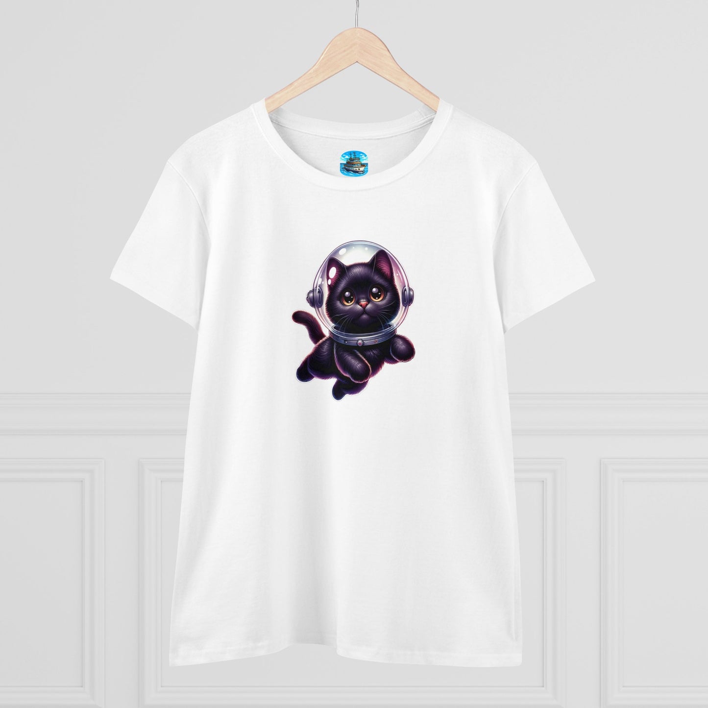 Women's Midweight Cotton Tee Space Cat, Black Cat