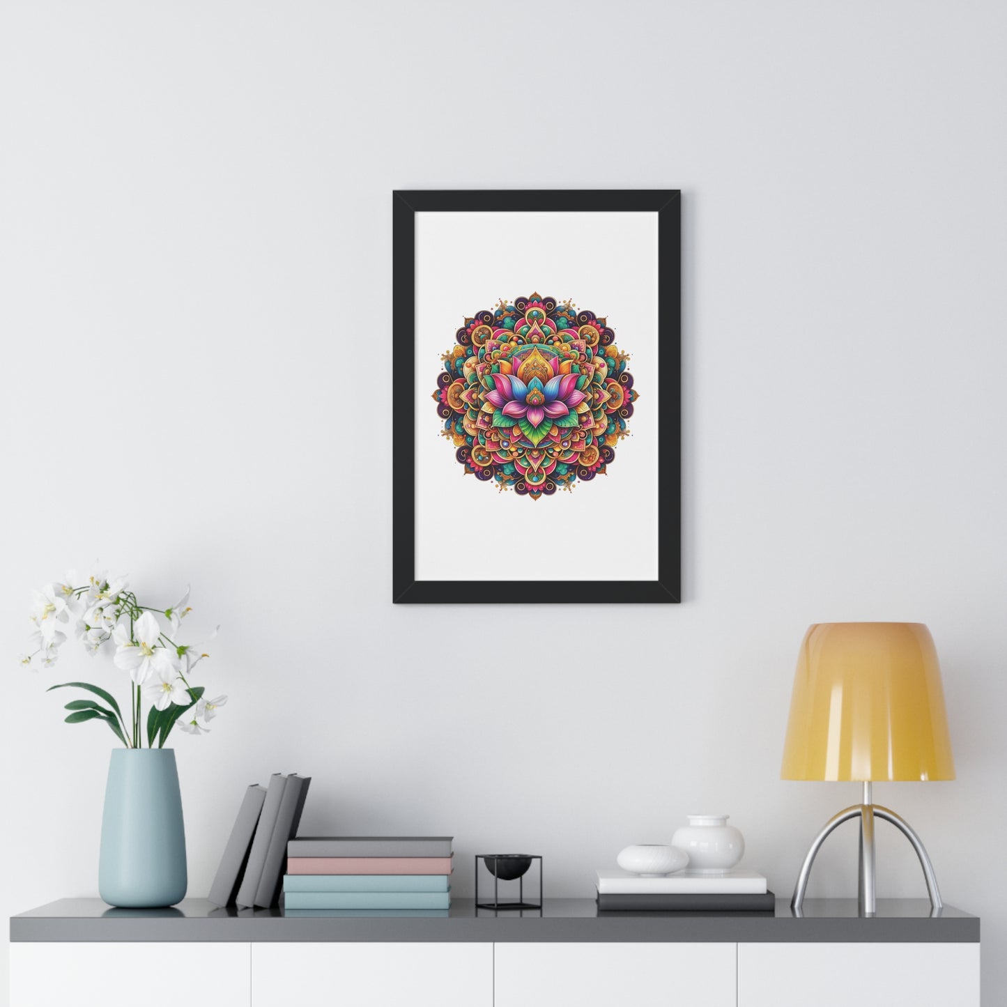 Framed Vertical Poster Lotus Mandala on white bg