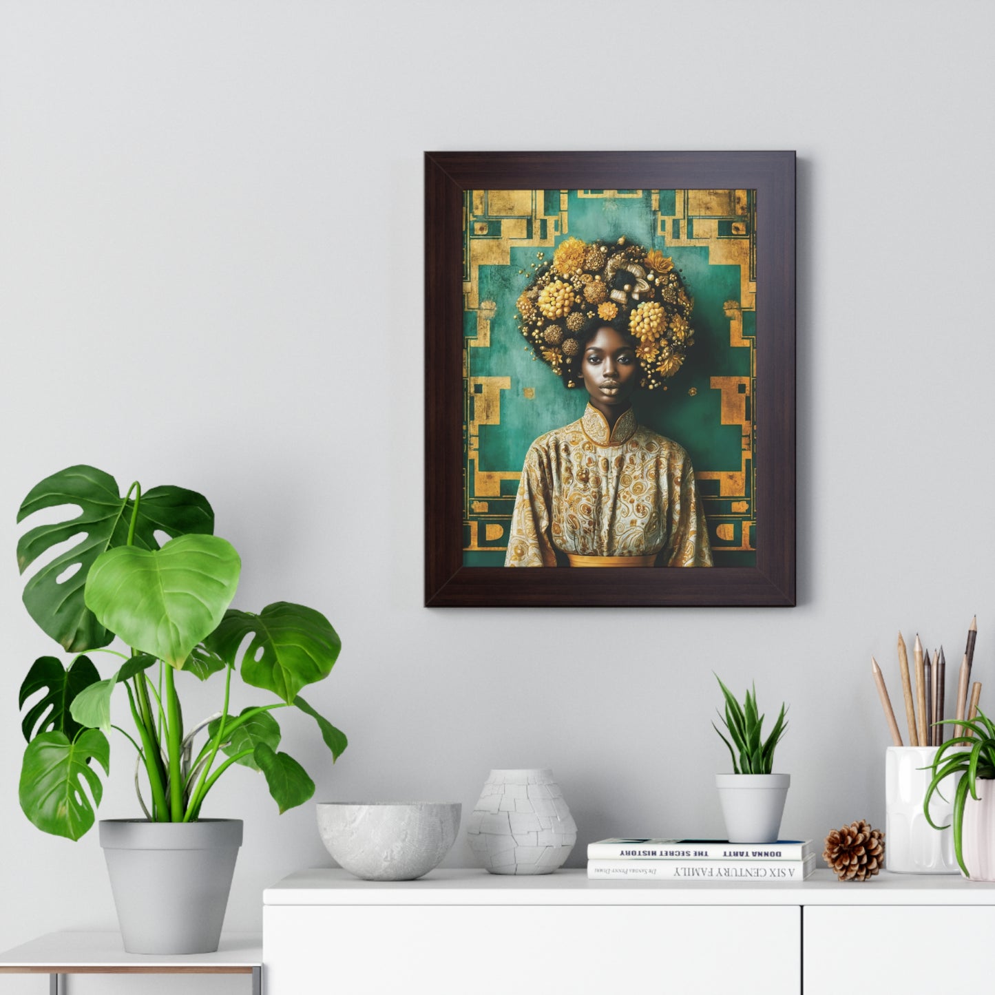 Framed Vertical Poster Peaceful African Woman with Yellow Flowers